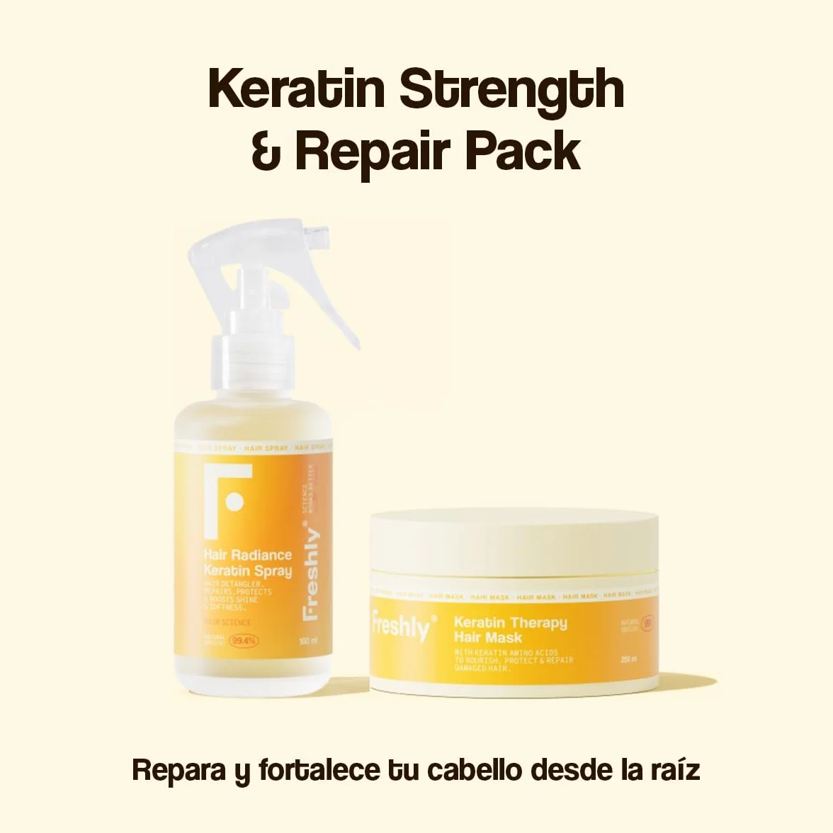 Freshly Keratin Strength & Repair Pack Rutina Capilar Natural para Pelo Dañado Mascarilla Reparadora + Spray Desenredante Keratina Vegana Biomimética 99% Natural