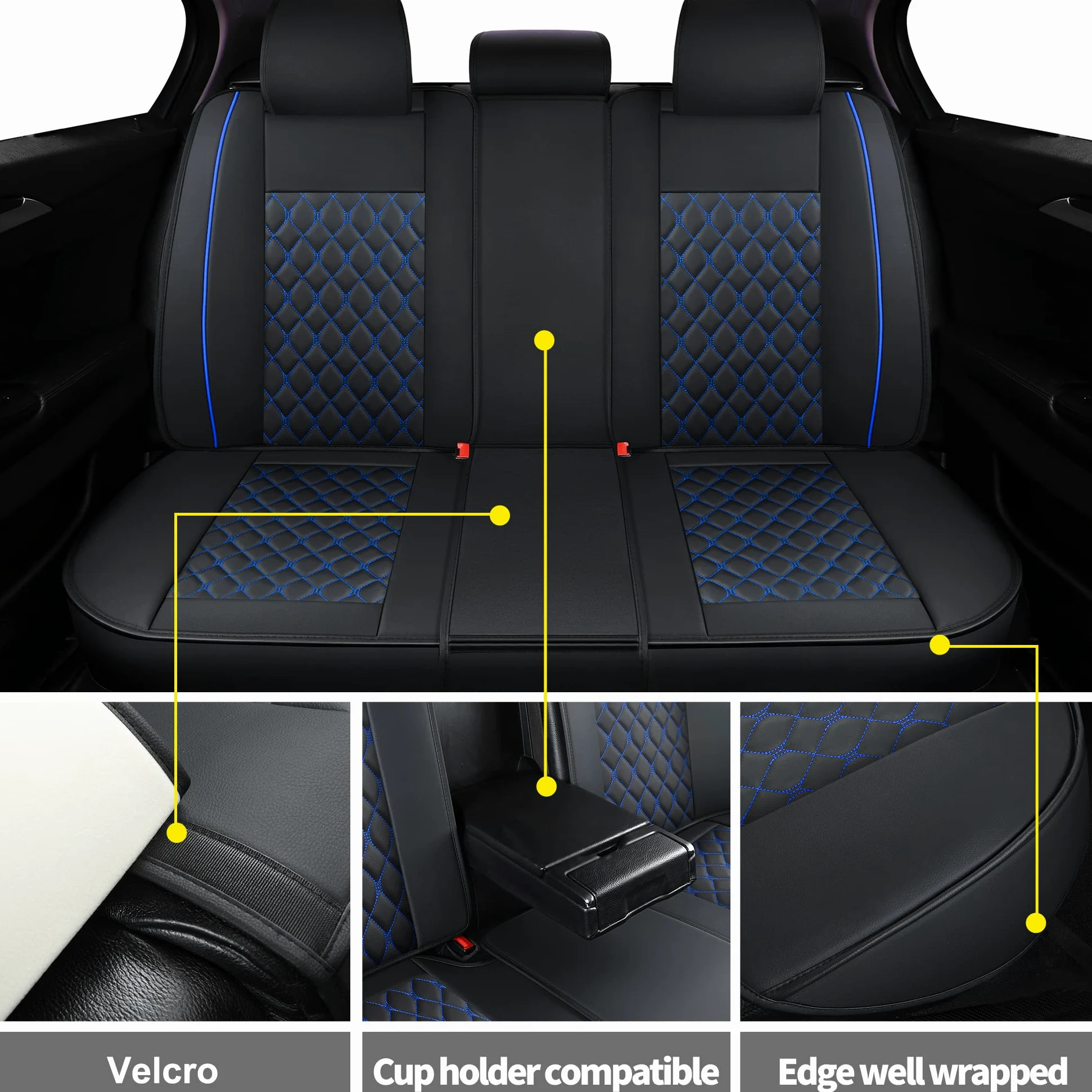 Juego Completo de Fundas de Asiento de Coche, Ajuste Universal para la mayoría de Coches, SUV, Fundas de cojín de Piel sintética para vehículos automotores (Juego Completo, Negro/Azul)