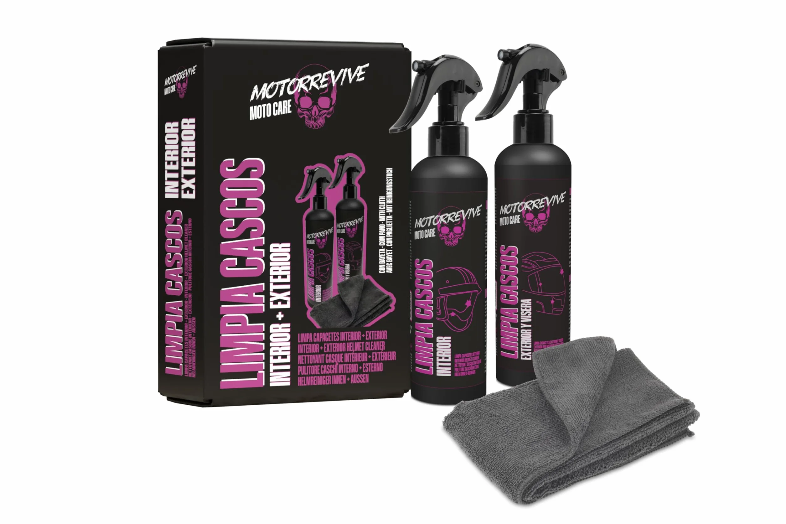 Pack Limpieza de Cascos de Moto 200 + 200 ml. Spray limpiador Interior + Exterior y Visera + Bayeta de Microfibra. Higiene Completa y Cuidado Profesional para Casco de Motocicleta