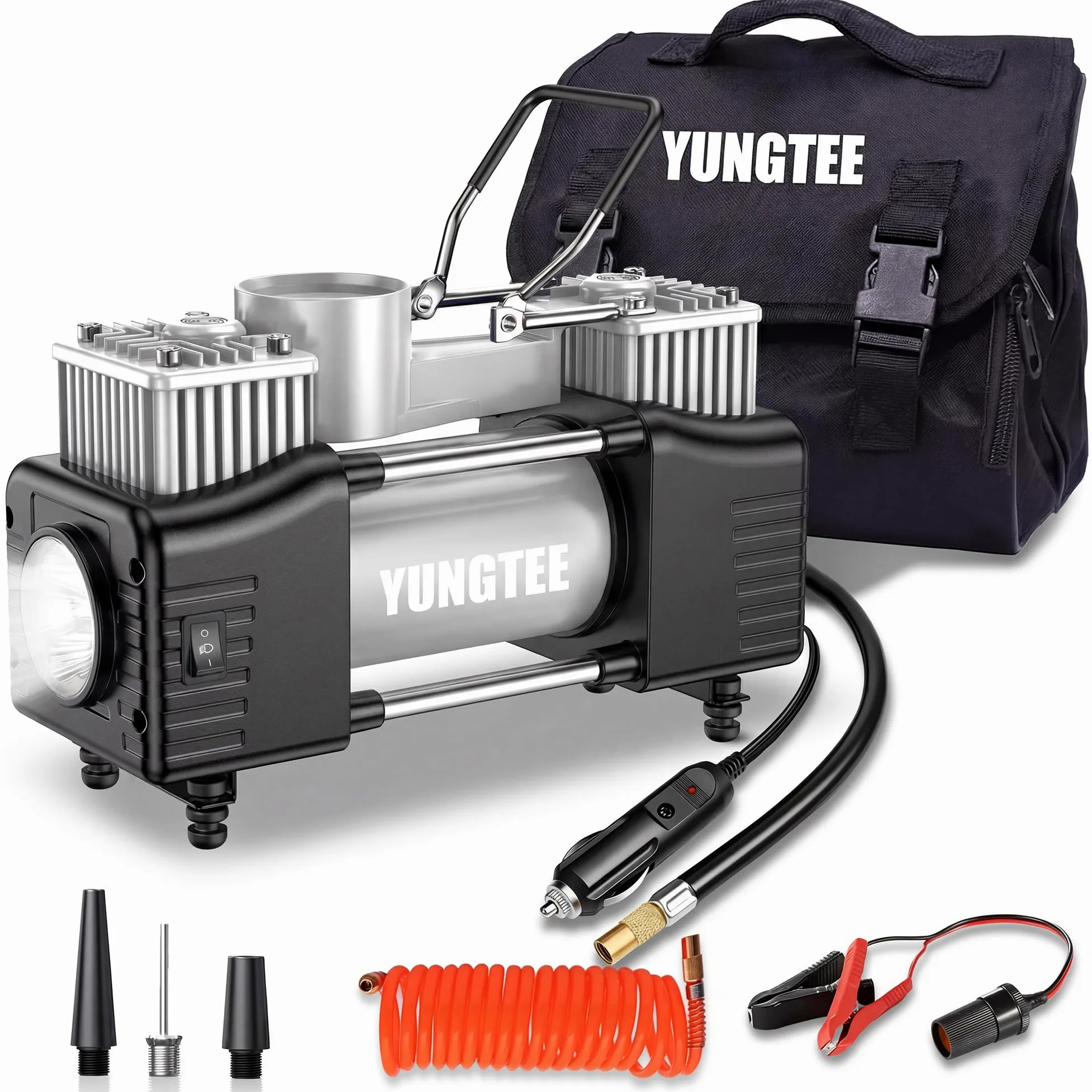 YUNGTEE Inflador de neumáticos portátil, compresor de aire de doble cilindro de 12 V 150 PSI | Luz de emergencia LED, manguera de extensión de 11 pies para coches, SUV, caravanas e inflables, color plateado