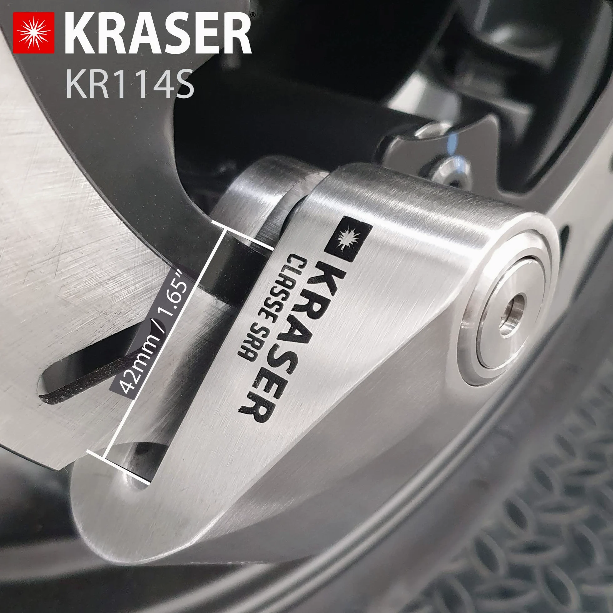 KRASER KR114S Candado Moto Disco Homologado SRA, Doble Bloqueo ø14mm +Ligero, Cerradura Acero Inoxidable Alta Seguridad, Cable Recordatorio, Antirrobo Motocicleta Pinza Scooter, Bicicleta Eléctrica