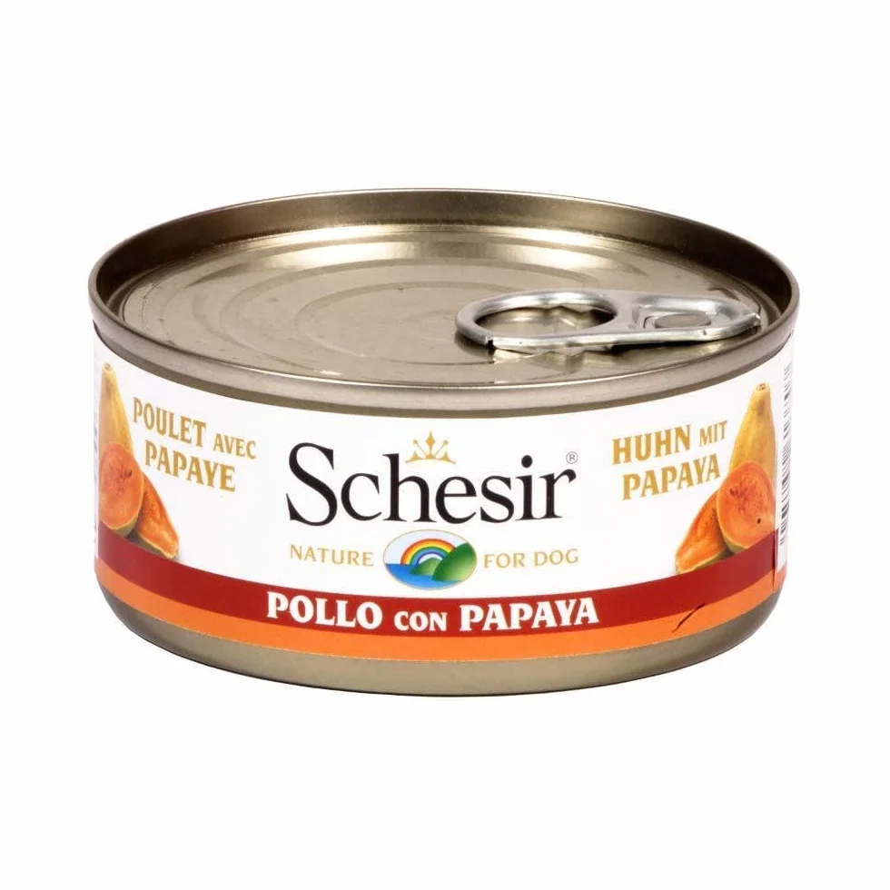 Schesir Alimento Húmedo para Perros Adultos con Pollo y Papaya en Suave Gelatina 18 Latas 150g
