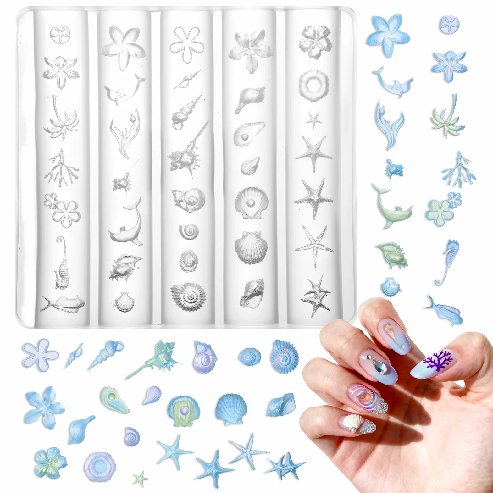 3D Gel Nail Art Mold Set Verano Mar & Conchas DIY Accesorios Uñas Flexible Transparente