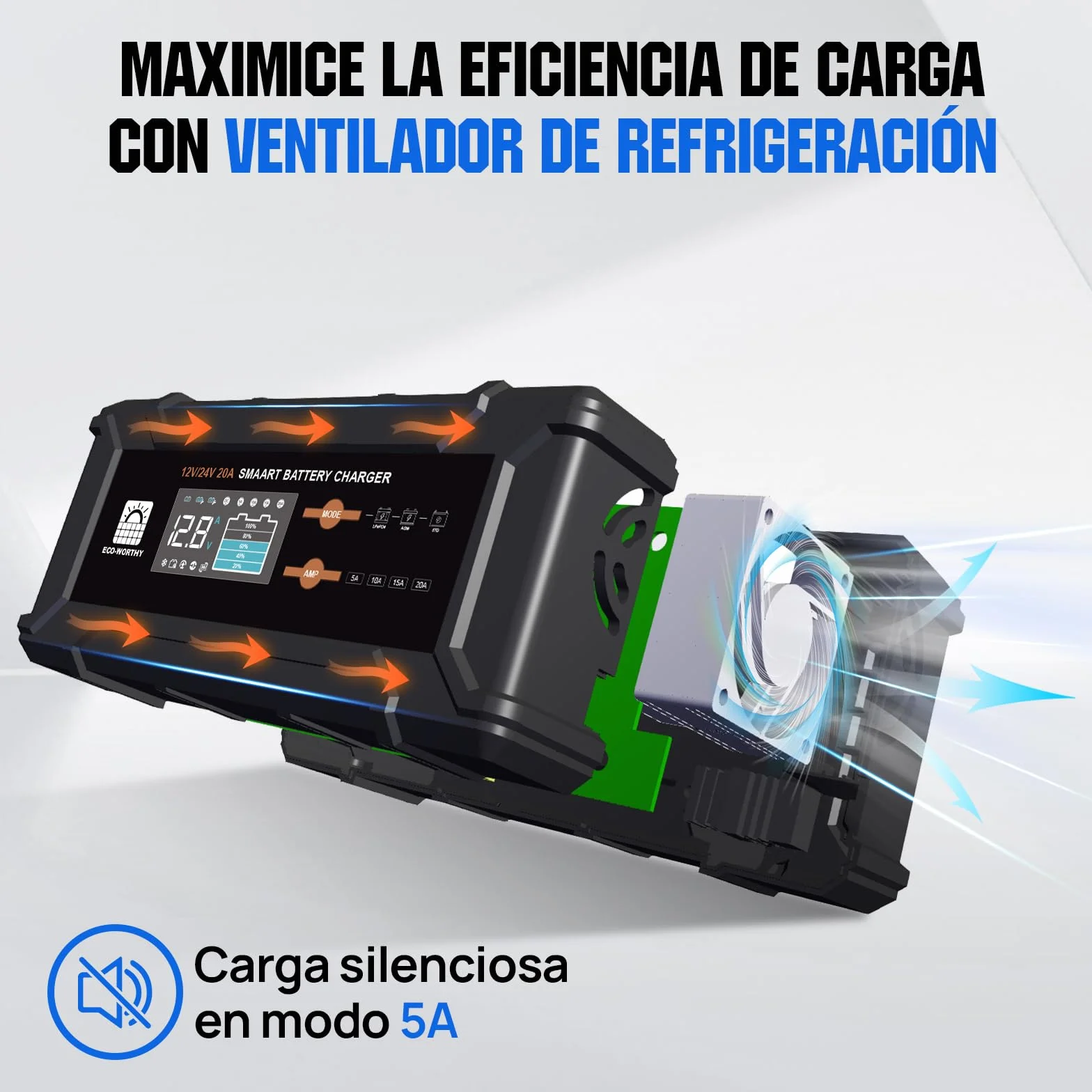ECO-WORTHY 12 V/24 V 20 A Cargador de batería LiFePO4 con opciones multicanal 5 A/10 A/15 A/20 A, detección automática de voltaje de la batería Ploácido LiFePO4