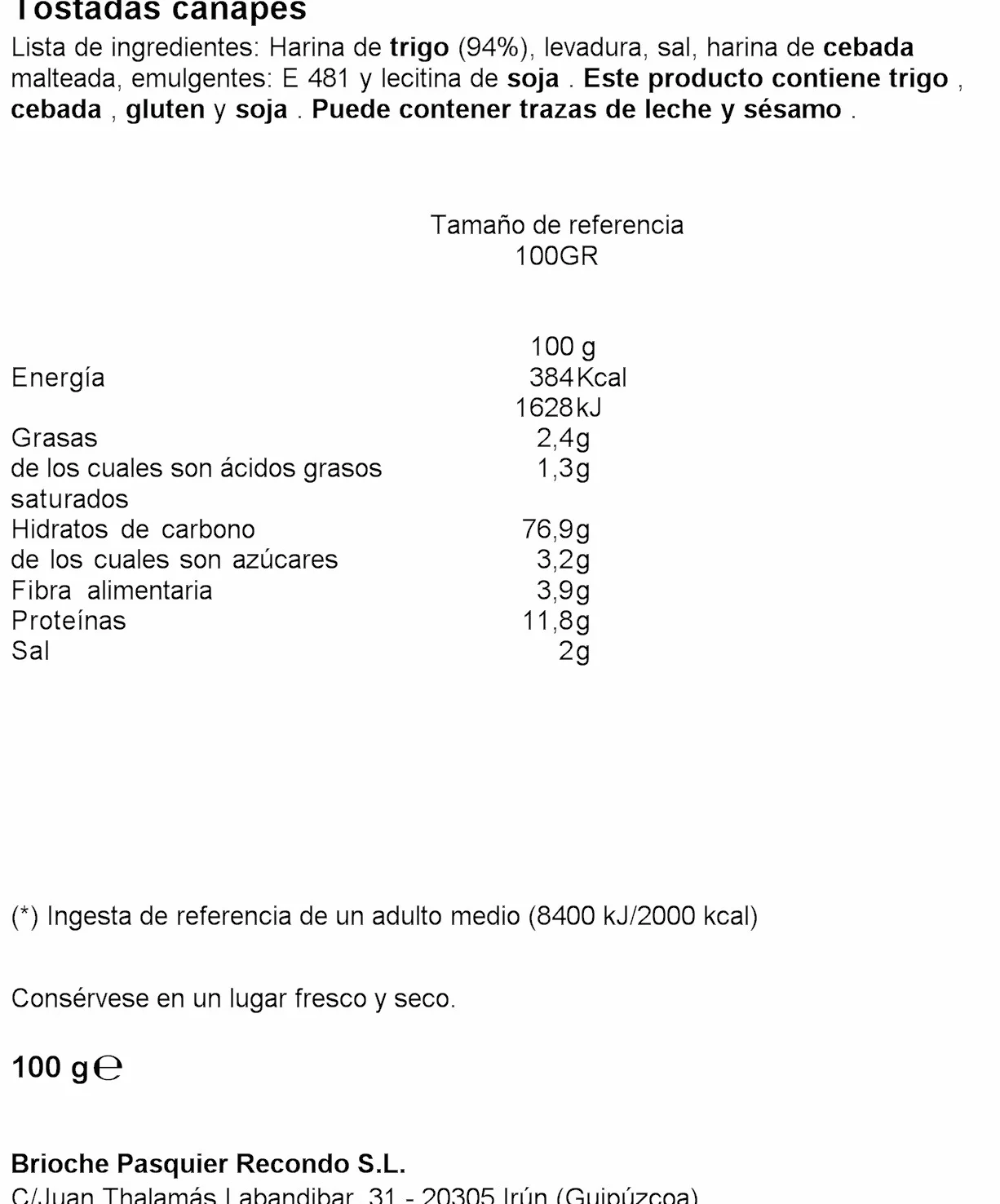 Recondo Tostada Canapé Cuadrada 100g