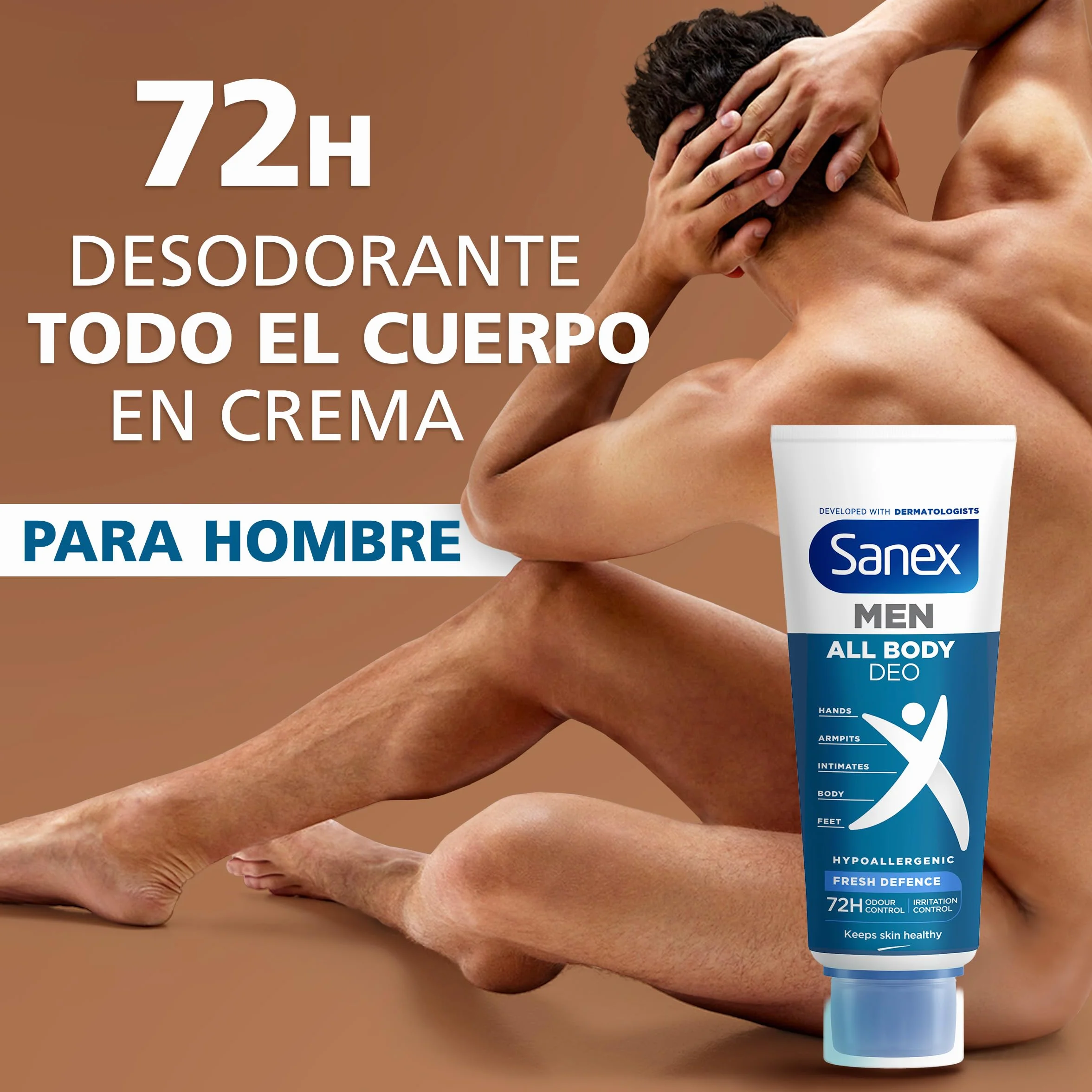 Sanex Men Crema Todo el Cuerpo Deo Frescor Total 75ml, Desodorante 72h Protección Olor Hipoalergénico
