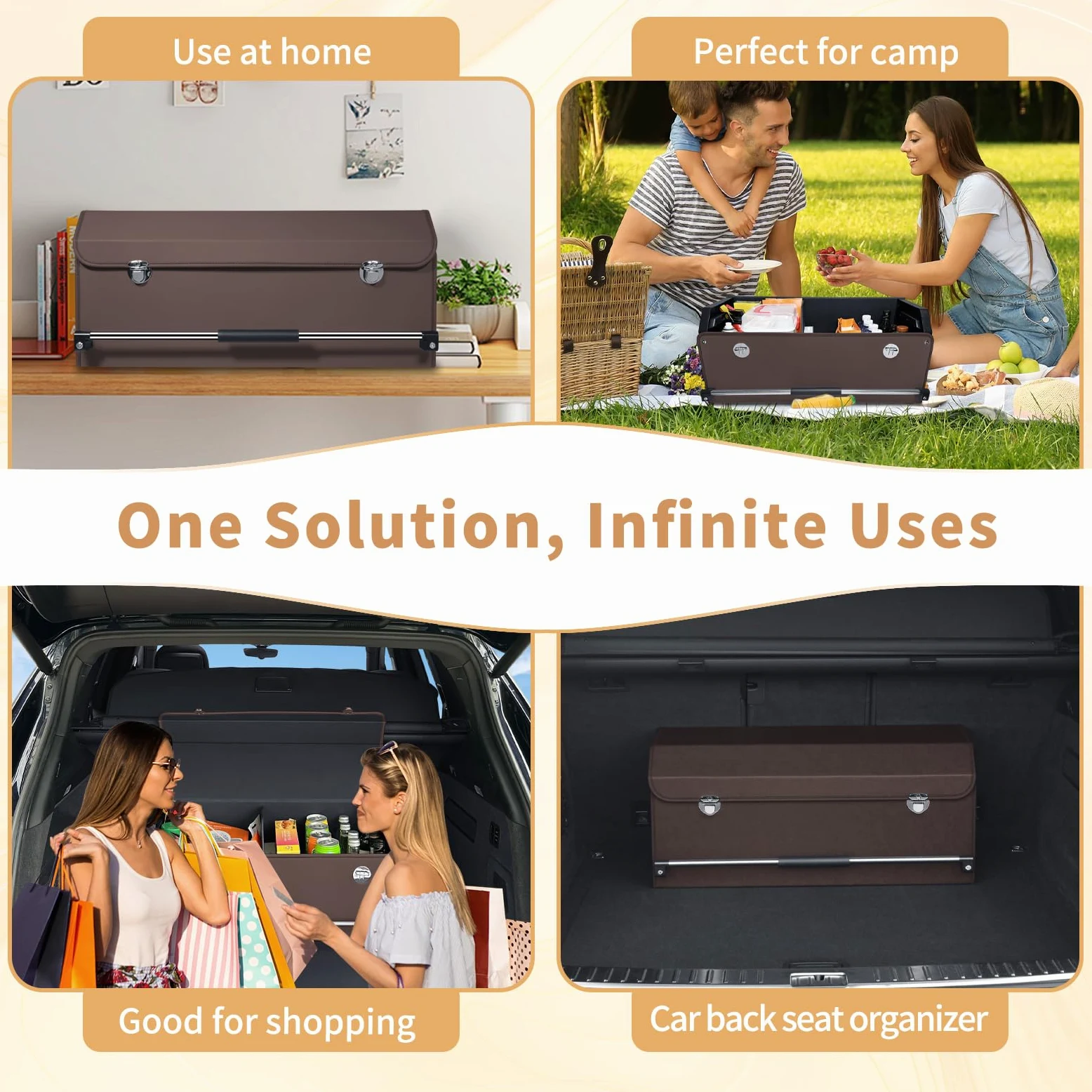 Organizador plegable de cuero para maletero de coche con tapa y asa resistente para SUV, camión, sedán, almacenamiento de coche (marrón, 69 x 29 x 31 cm)