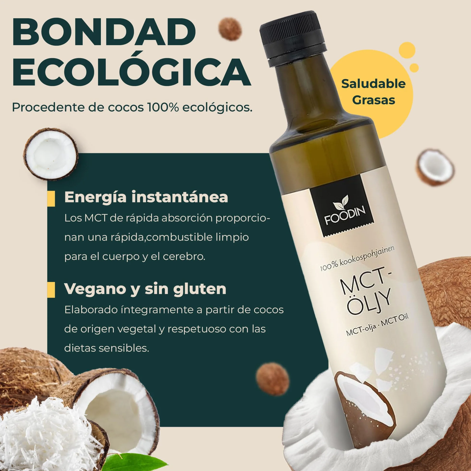 FOODIN Aceite MCT 1000 ml (2 x 500 ml) 100% aceite de coco, triglicéridos de cadena múltiple, vegano, sin gluten, para cetogénica