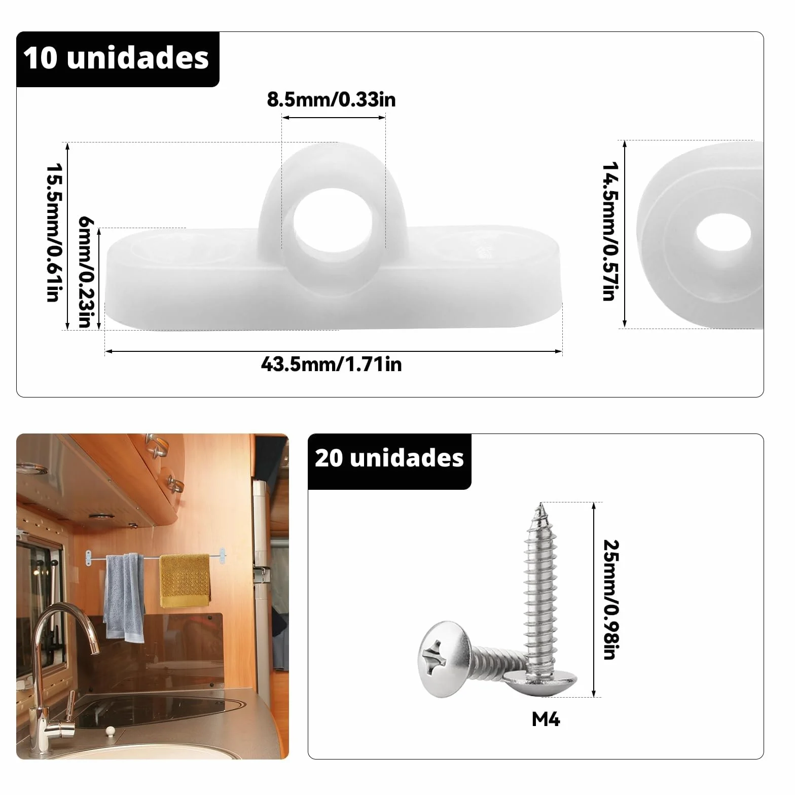 Juego de 10 Ojales para Toldos para Caravana y Caravana con 20 Tornillos, Instalación Vertical y Horizontal (Horizontal)