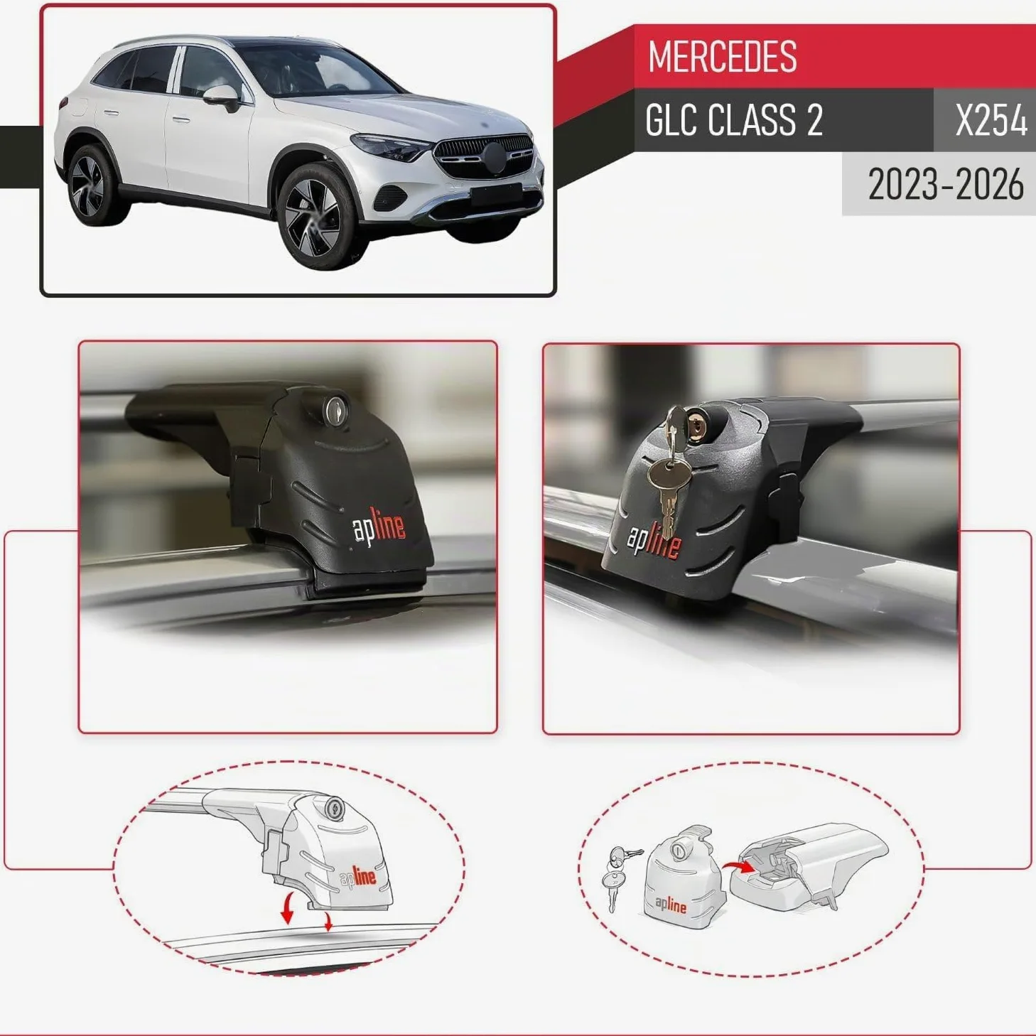 Compatible con Mercedes GLC Class 2 (X254) 2023-2026 Modelo Ace-2 Barra de Techo Auto Portaequipajes Barras Transversales Gris Aluminio 2 Barras