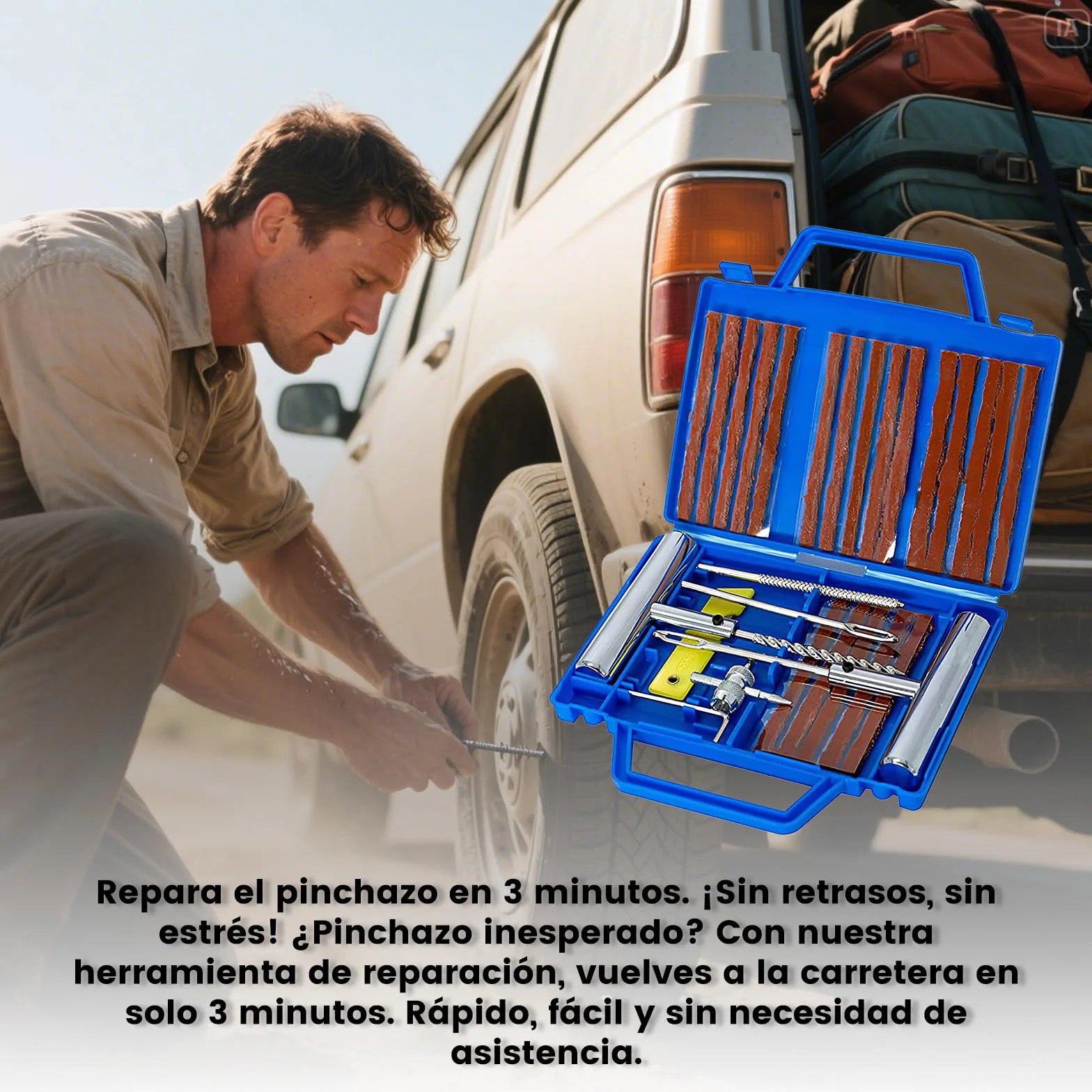 27PCS Kit Repara Pinchazos para Coche/Moto/Caravana, Kit antipinchazos neumático, Arreglar pinchazos en 3 Minutos, Mechas + Accesorios completos, Compacto para Maletero, Fácil Uso sin Experiencia