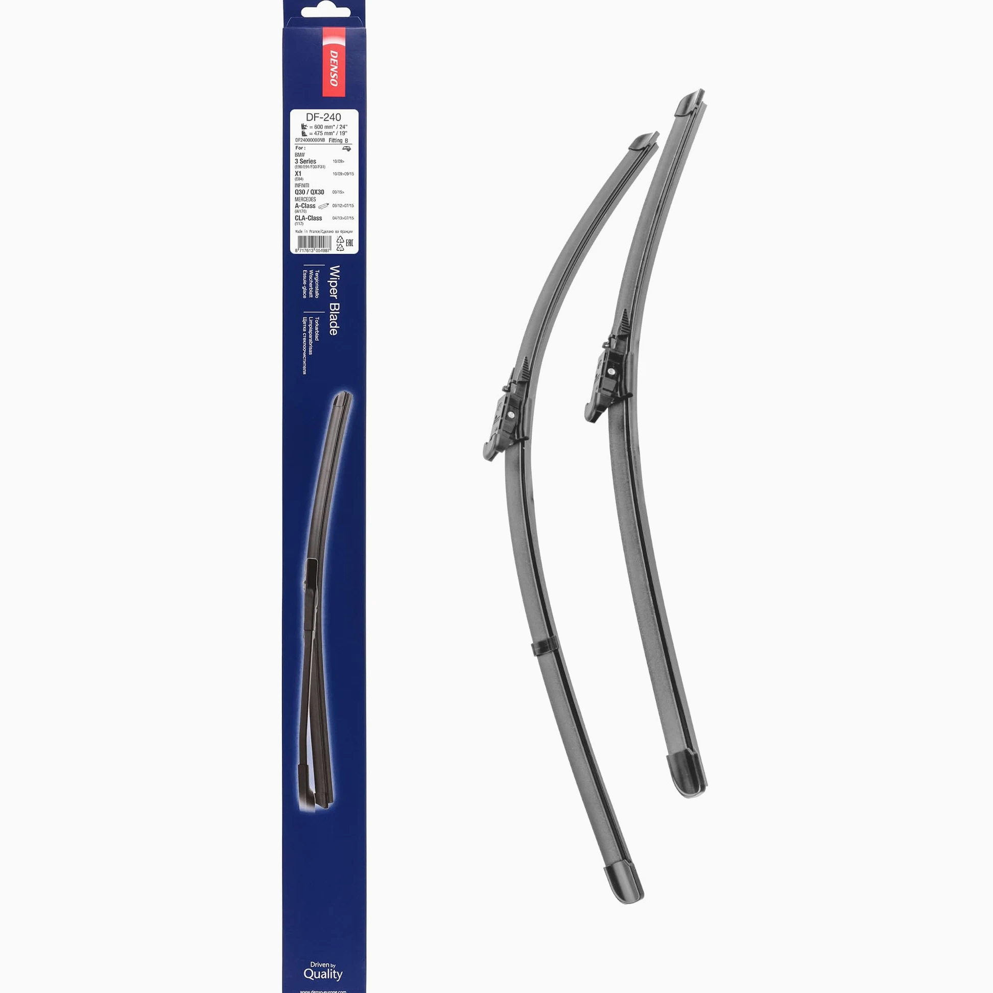 Kit de Escobillas Limpiaparabrisas Planas DENSO (DF-240), 2 Unidades 475/600mm – Vehículos con volante a derecha – Silenciosas y Duraderas con Diseño Aerodinámico – Escobillas Limpiaparabrisas OEM