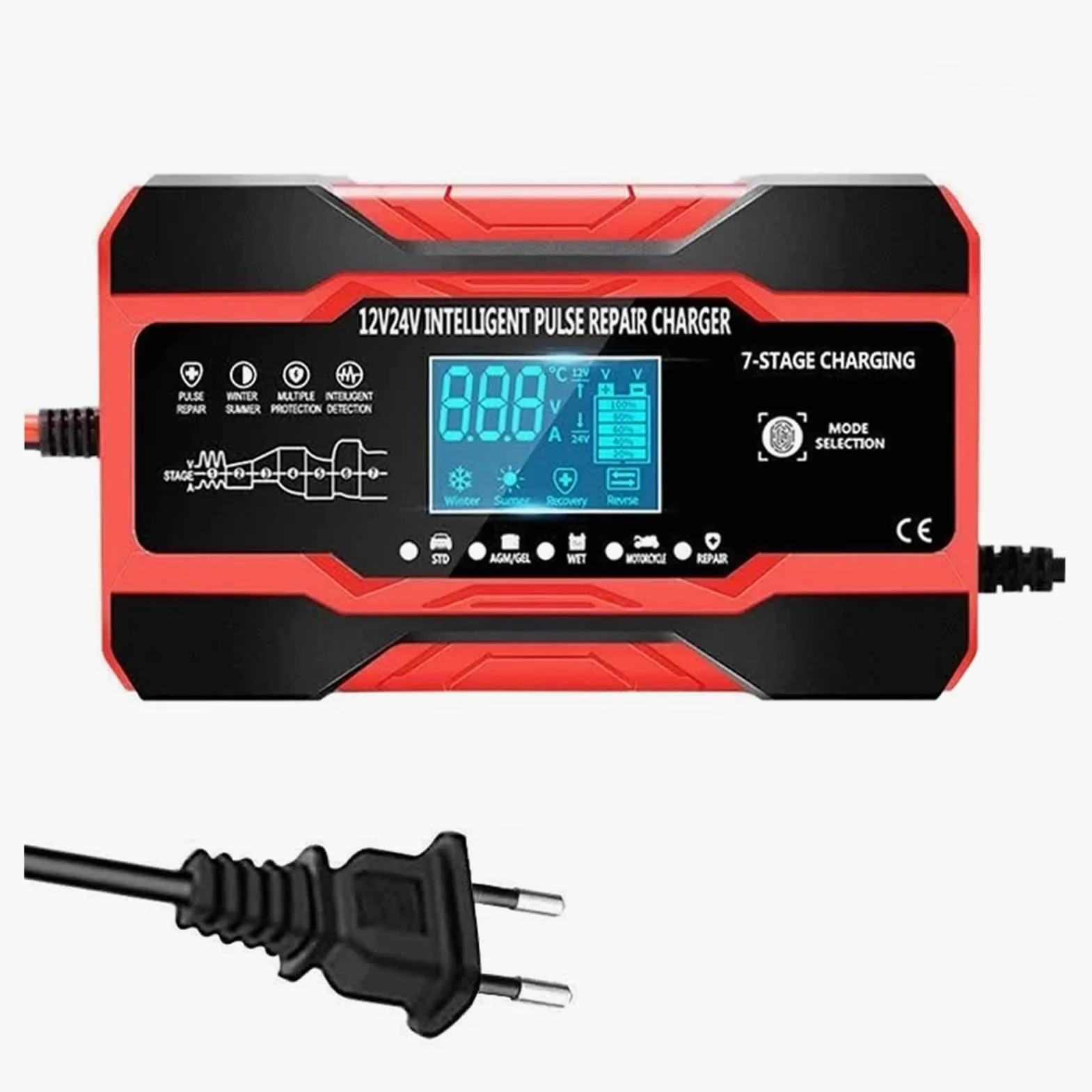Arrancador de batería 1 2v 10a Cargador de batería de Coche 2 4v 5a Completo AUTOMÁTICO AUTOMÁTICO AUTOMÁTICO AUTOMÓVILES DE Pulso Inteligente Gel agm Mojado Plomo-ácido (Color : Rot)