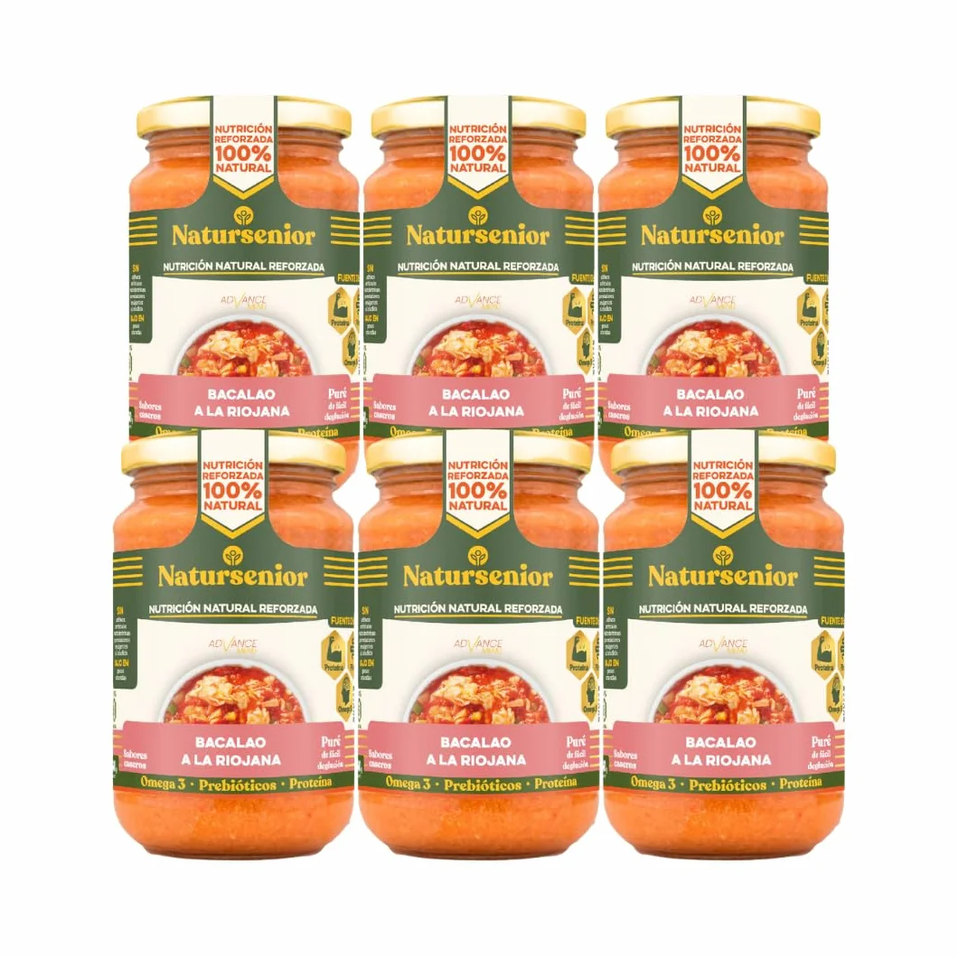 Natursenior Comida Triturada para Personas Mayores Puré de Bacalao a la riojana 100% Natural Omega 3 Fibra Proteína 6 uds x 340g