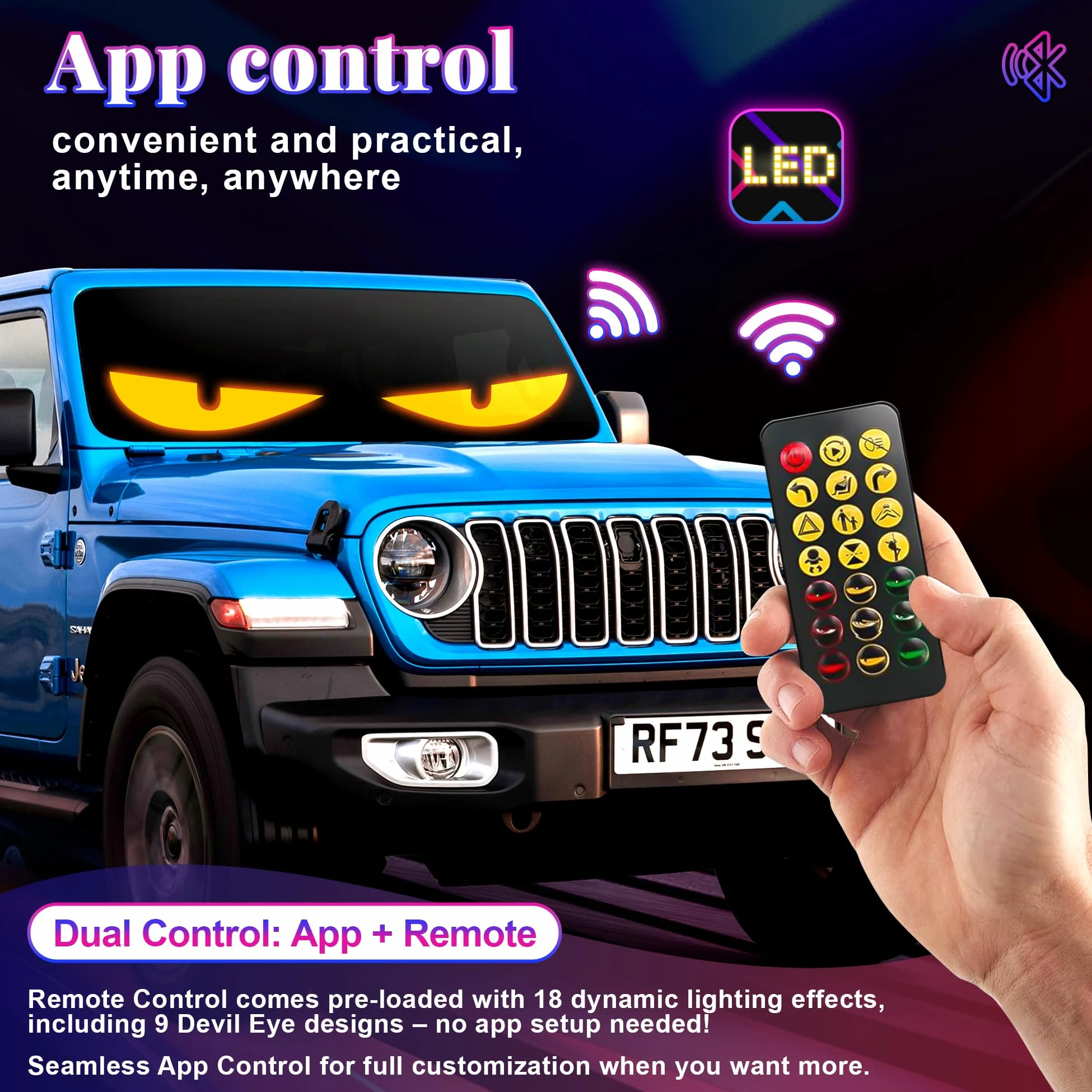 Sachie - 2 Tiras de luz LED, ojos de diablo para parabrisas de auto, camiones y camionetas, 23.6 x 4.73 pulgadas, personalizable, control en aplicación, IP68 impermeable, alimentado por USB