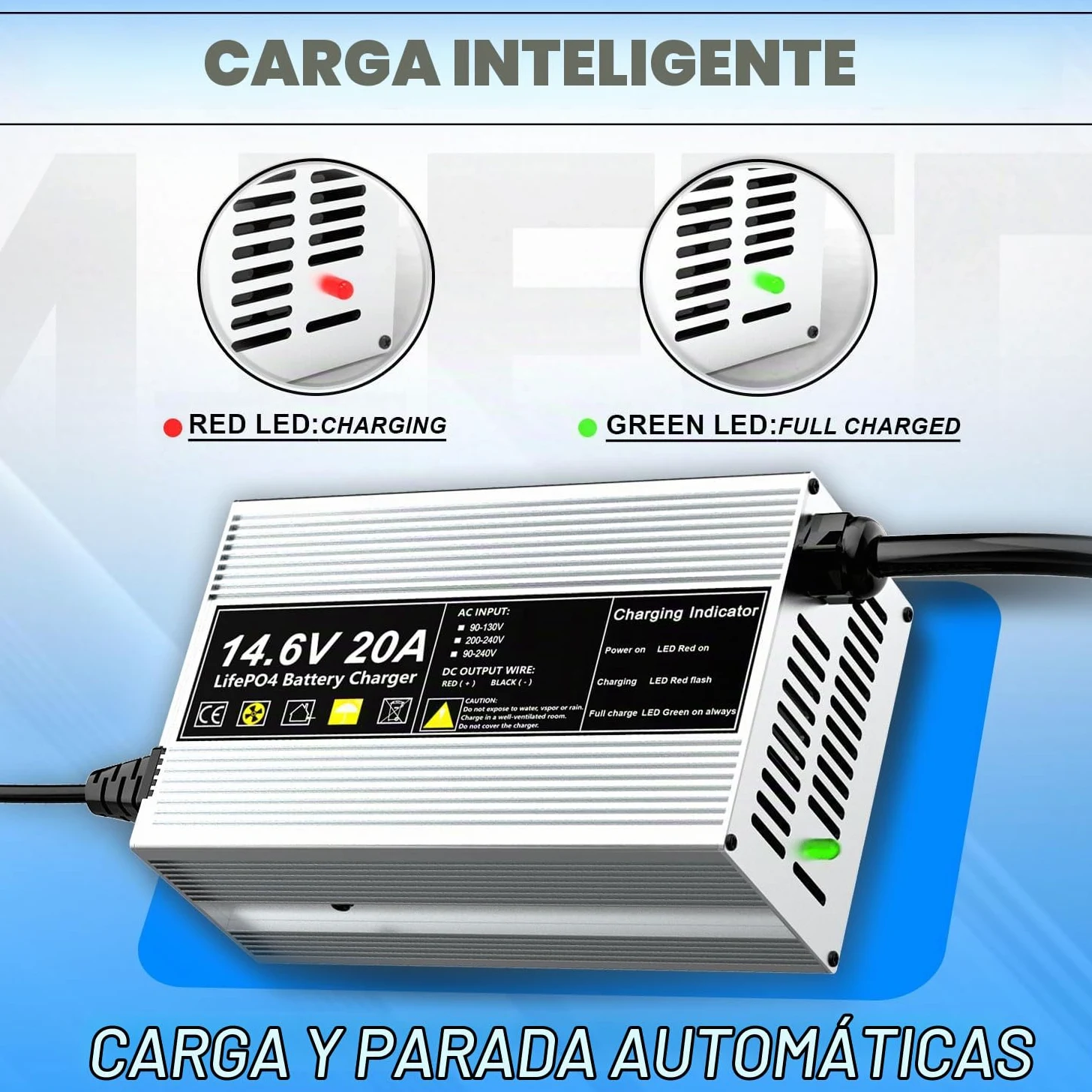 14,6V 20A Cargador de batería LiFePO4 para baterías Recargables de Ciclo Profundo de fosfato de Hierro y Litio de 12V (12,8V)