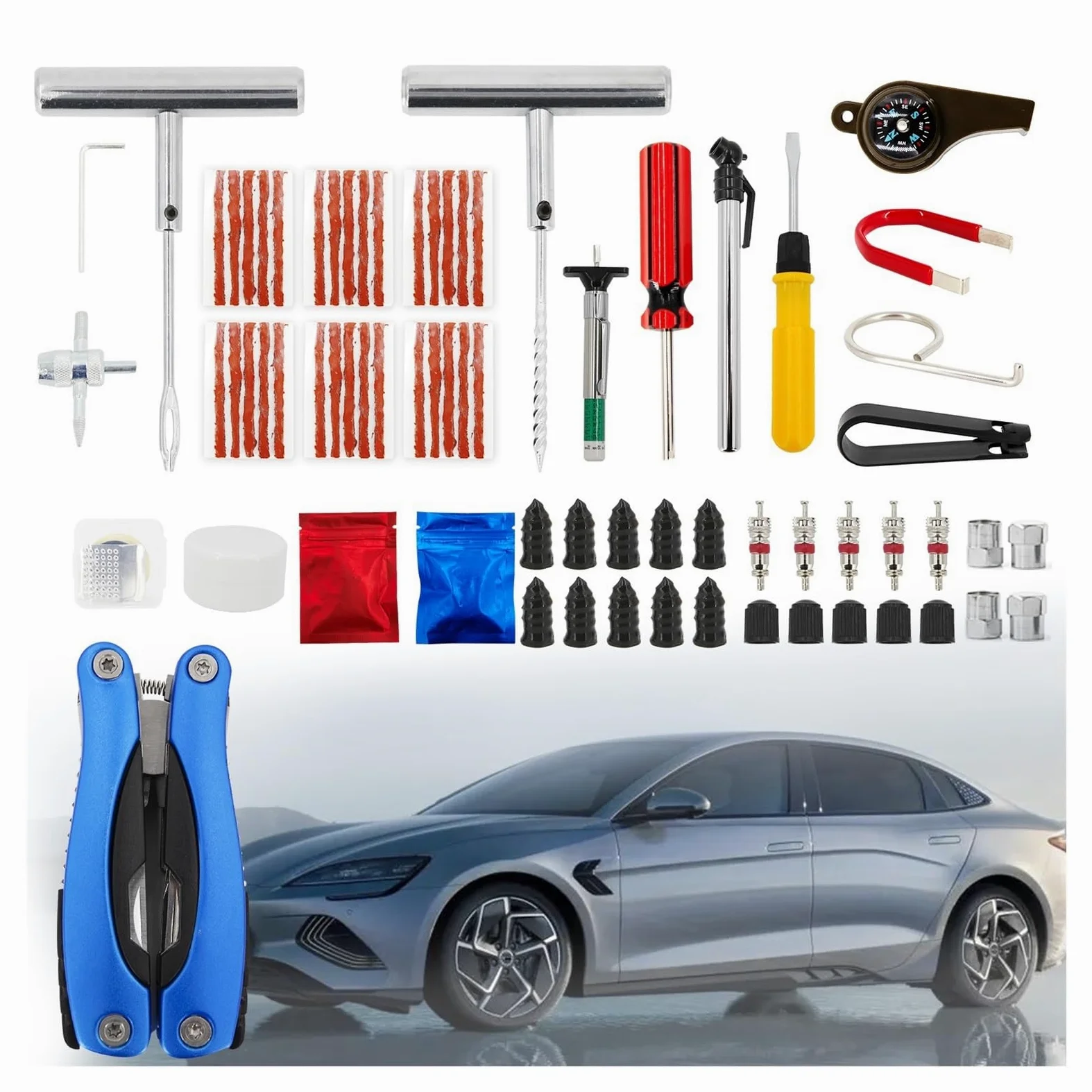 Herramientas de reparación de neumáticos de Coche, alicates multifunción 13 en 1, reparación de neumáticos al vacío, Clavos for Reparar pinchazos y Tapones Planos, Kit de Parche Universal