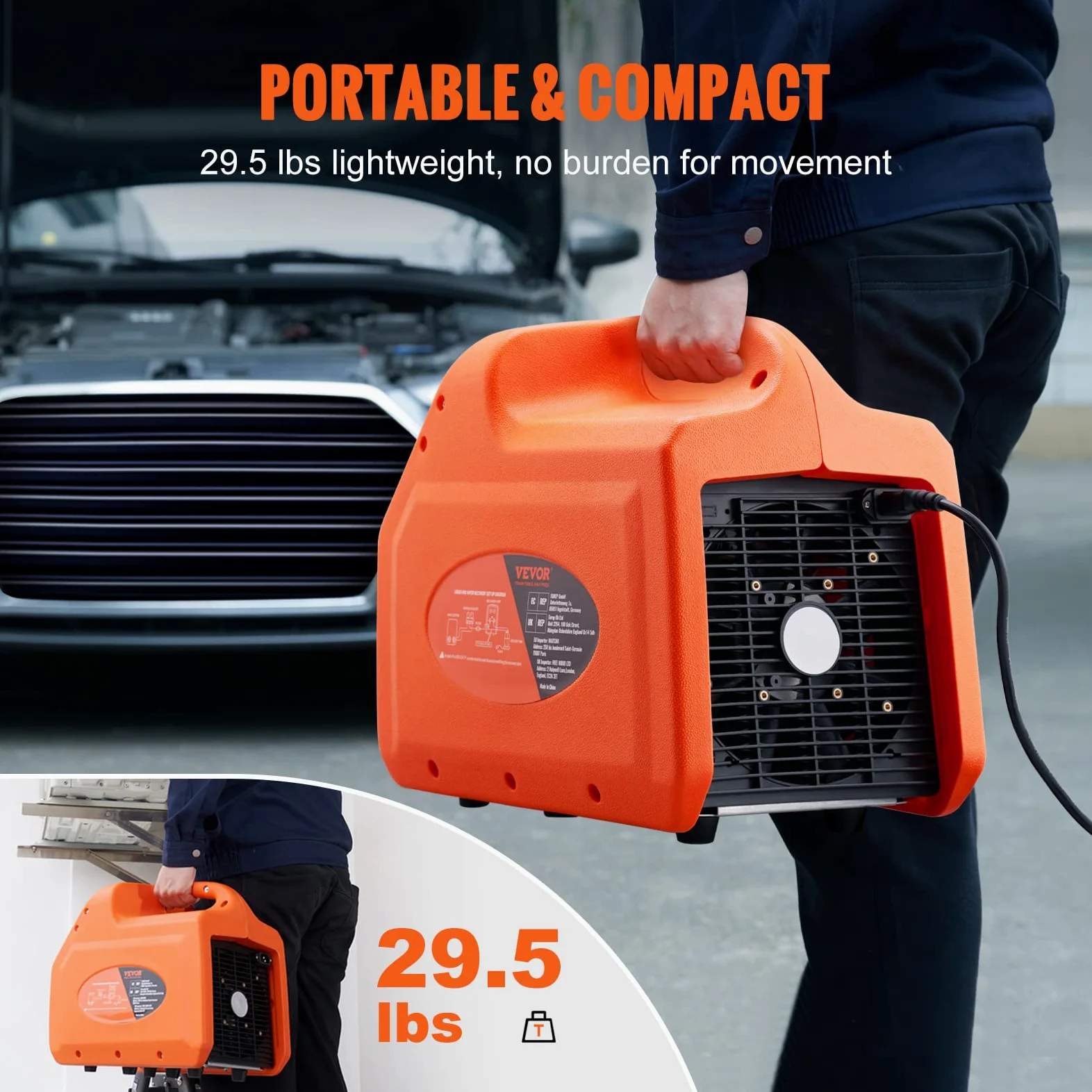VEVOR Máquina de Recuperación de Refrigerante Portátil 3/4 HP Máquina de Recuperación con Protección de Alta Presión 2,2 kg/min Velocidad de 1450 RPM Autolimpieza para Vapor Líquido Refrigerante