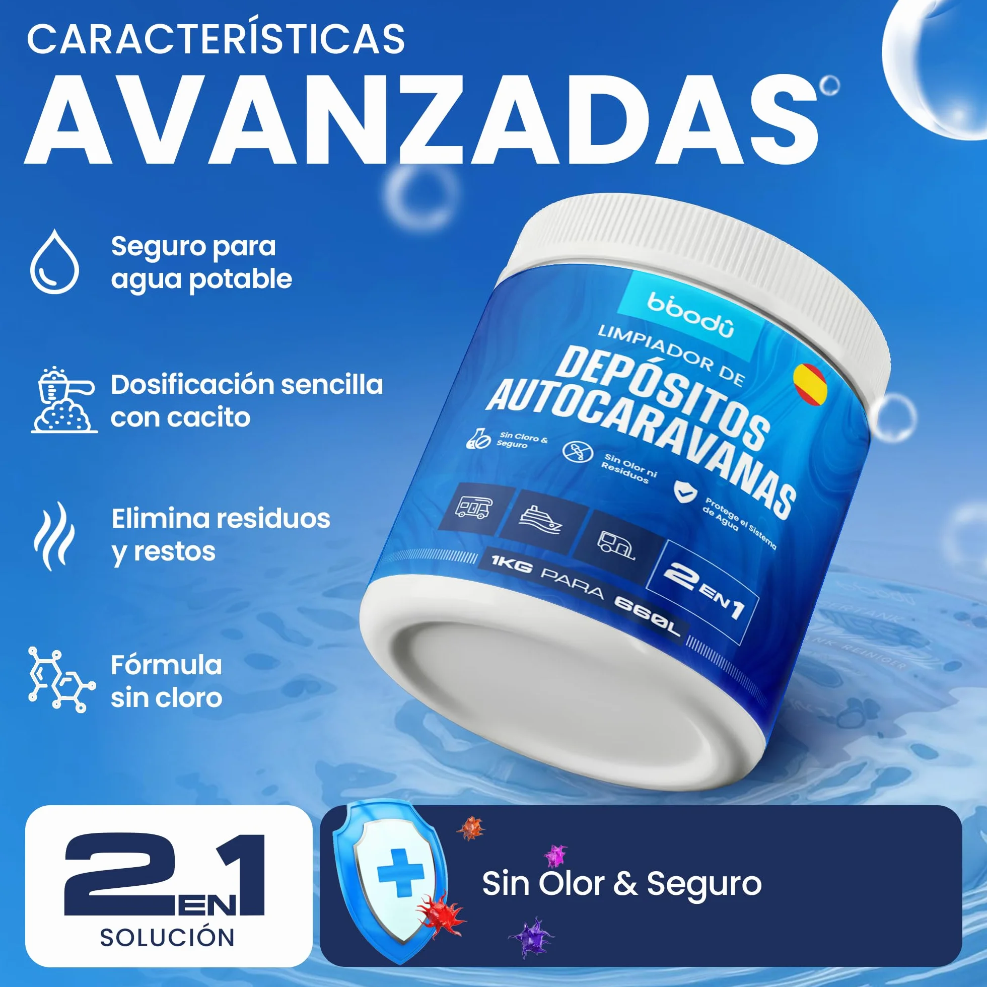 Limpiador 2en1 para Depósitos de Autocaravanas 1 KG | Limpia & Desincrusta con Oxígeno Activo | Sin Olor - Elimina Biofilm y Suciedad | Perfecto para Autocaravanas, Caravanas y Barcos