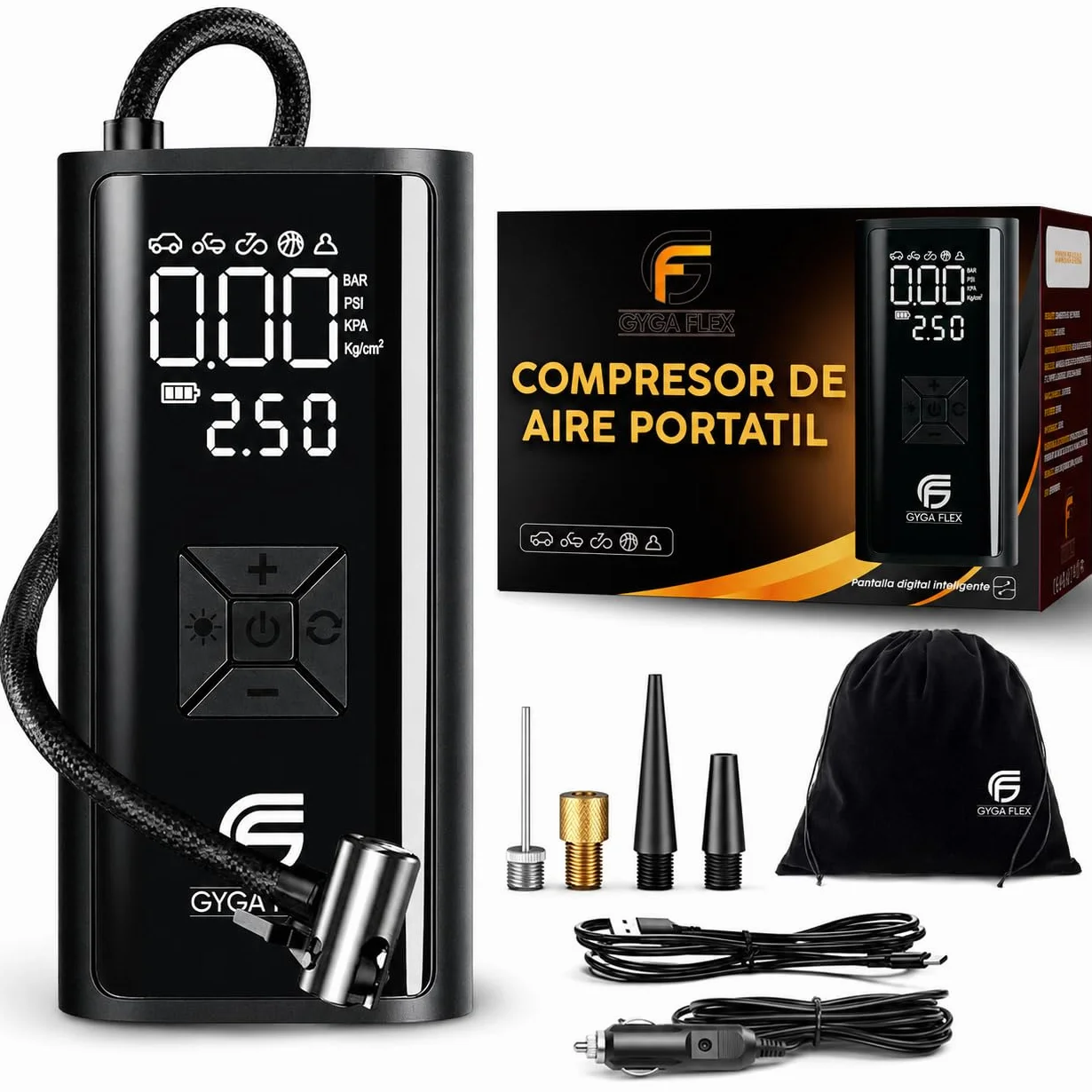 Inflador Ruedas Coche 30L/Min, Compresor Aire Portátil 150 PSI/10,3 Bar, Batería Recargable y Cable 12V 3M, Manómetro Digital, Apagado Automático, LED SOS, para Coche Moto Bicicleta Pelotas