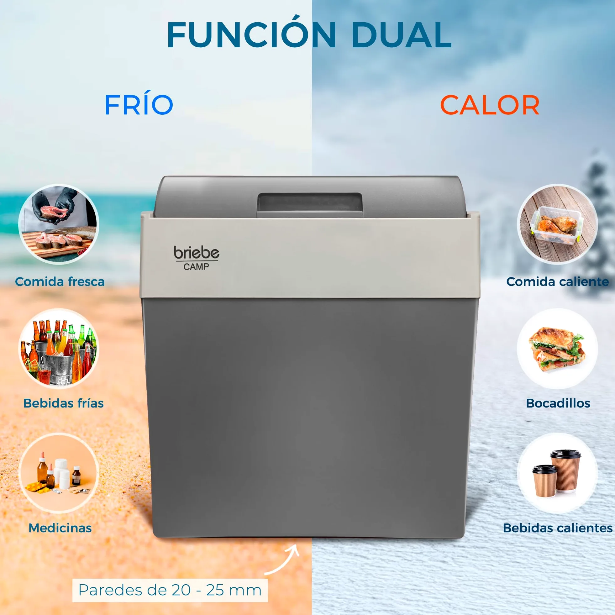 briebe Nevera Portátil Eléctrica de Viaje para Coche, Camping, 12V / 220V, Capacidad 28 litros, Refrigera, Mantiene el Calor, Modo Bajo Consumo