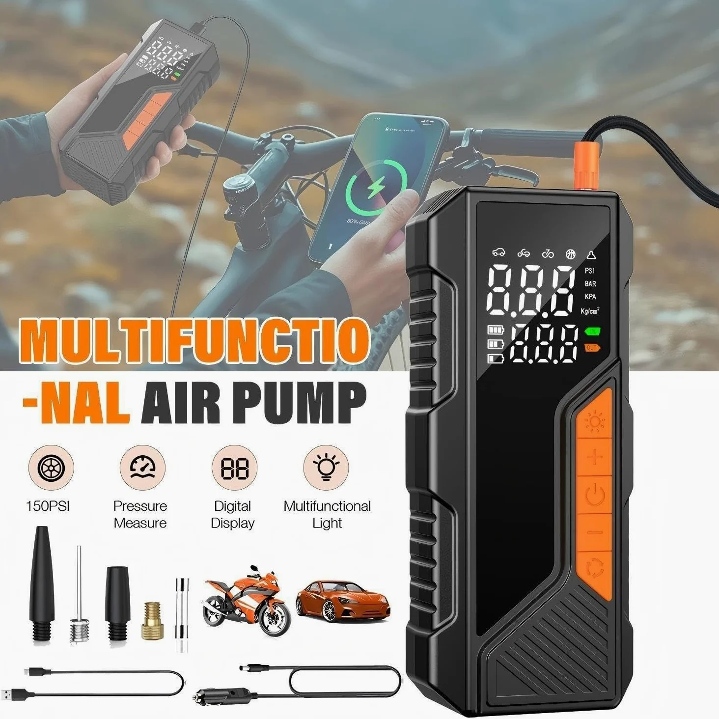 Inflador Ruedas Coche Inflador de neumáticos inalámbrico de 150PSI, compresor de Aire portátil, manómetro Digital, luz LED para Coche y Motocicleta Compresores de Aire portátiles