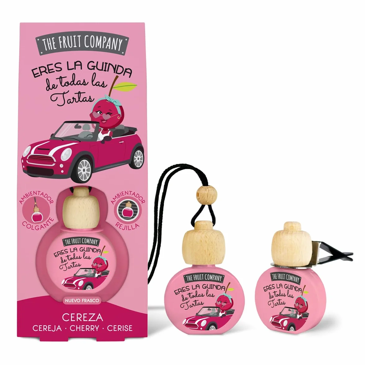 Pack de 3 Ambientadores Coche 2en1 The Fruit Company | Aroma Frutal, Absorbe Olores, Sin Alcohol, Extractos Naturales | Rejilla o Colgante | Larga Duración +45 Días (CEREZA)