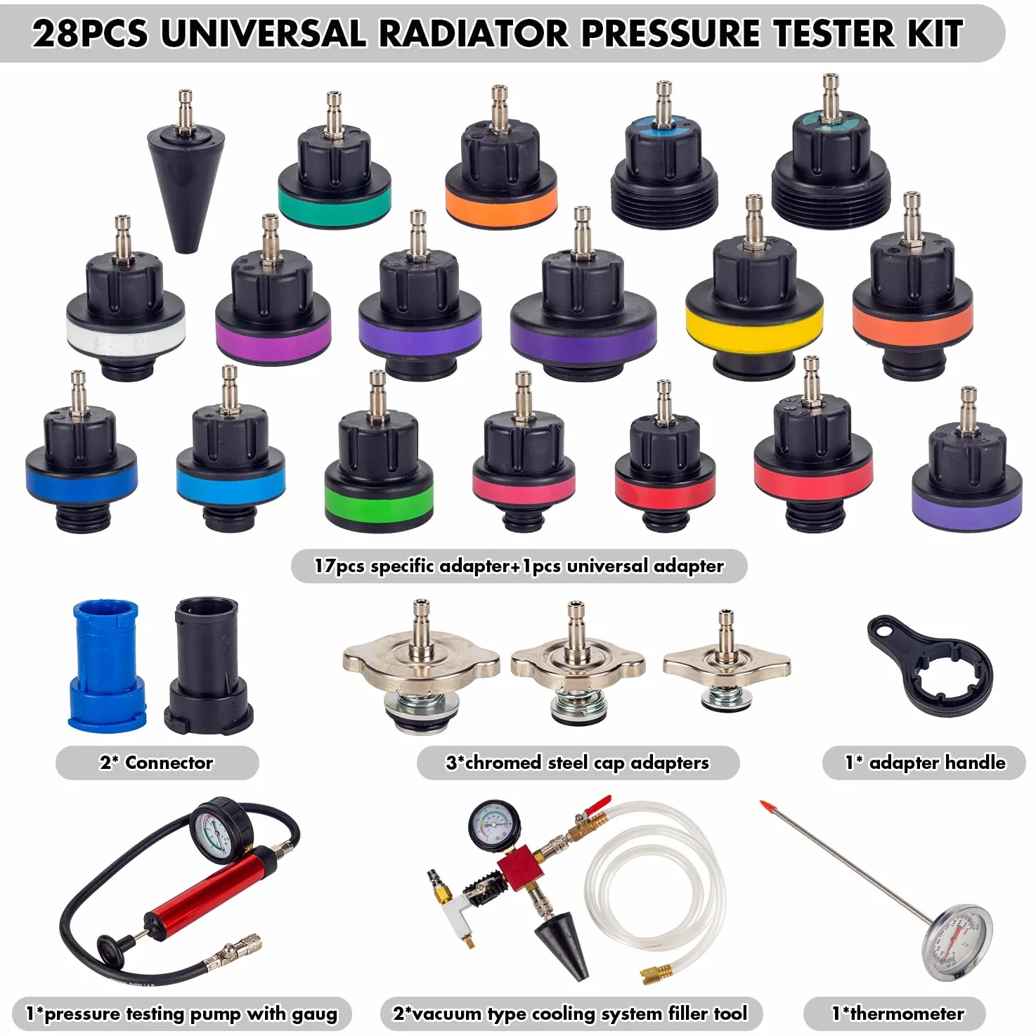 28PCS Radiador Probador de Presión Probador de Sistema de Enfriamiento | Depósito Universal de Agua Detector de Fugas Kit