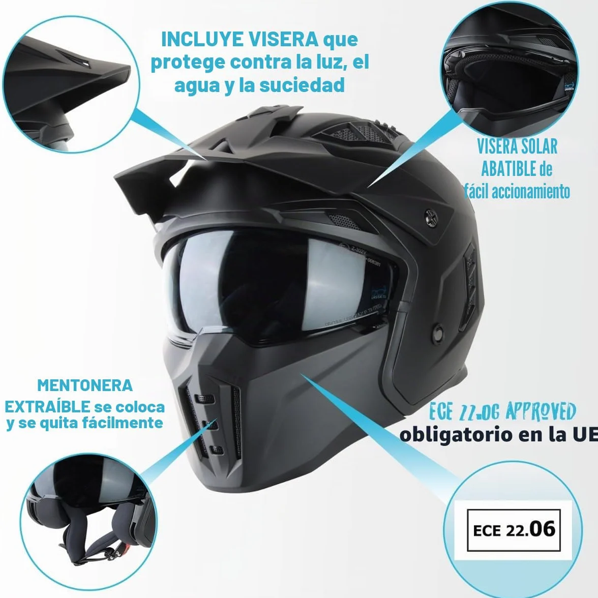 VINZ Kioto Casco Jet con Visera Solar | Casco Streetfighter para Scooter & Moto & Ciclomotor | ECE 22.06 Homologado | En Tamaño XS - XXL | para Hombre y Mujer