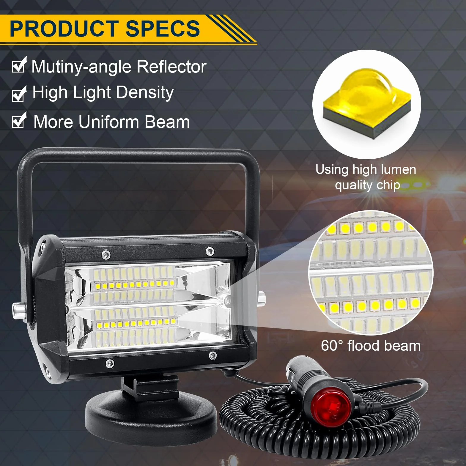 RIGIDON 72W 5" LED Work Light Bar Magnetic Base 12V 24V Flood Light for Car Truck Off-Road