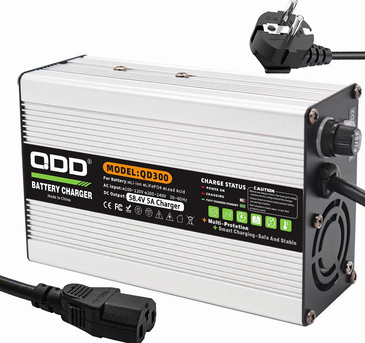 QDD Cargador de batería LiFePO4 de 58,4 V 58,4 V Cargador de batería DC C13 N+ L Conector para 16S 48 V LiFePO4 Batería Cargador Rápido