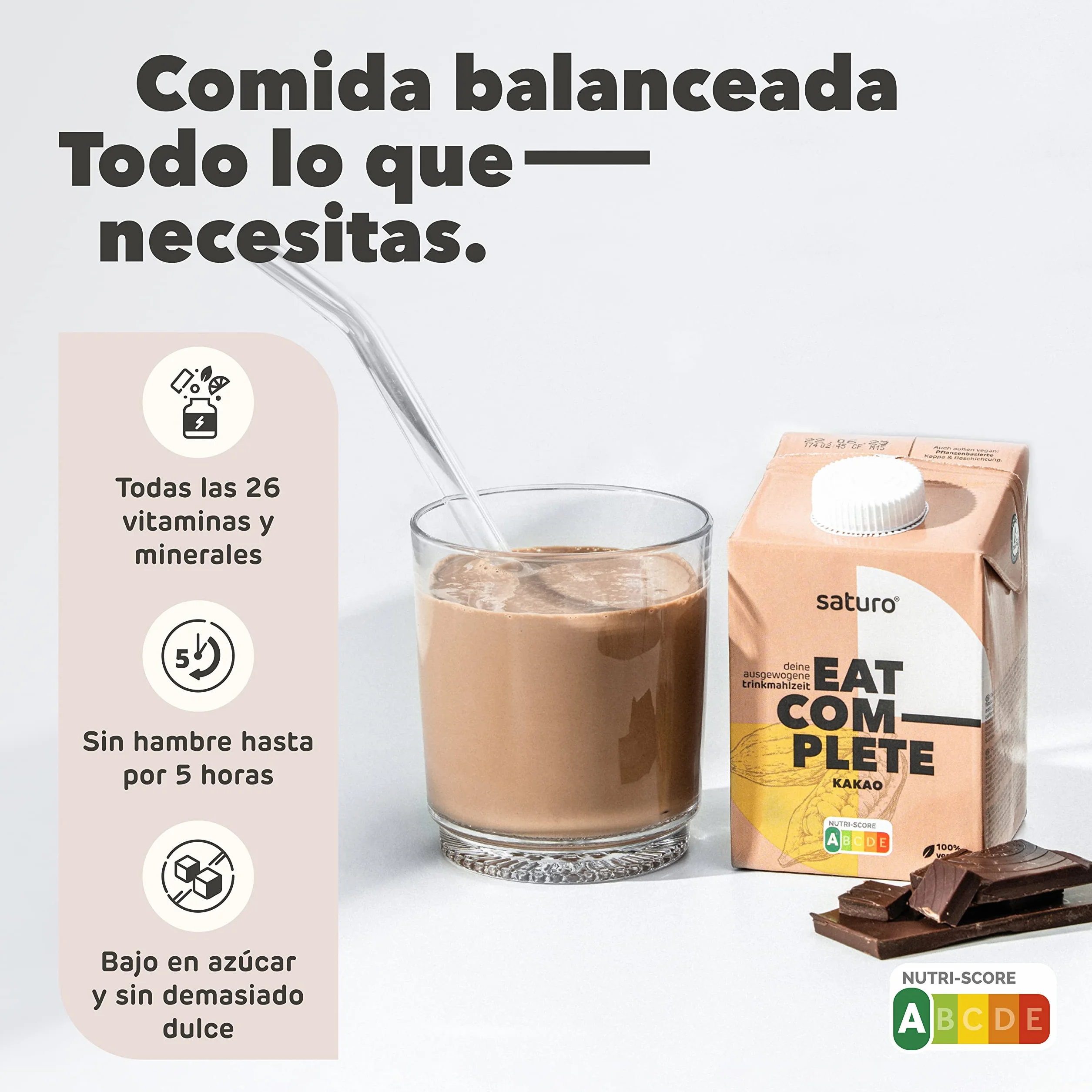 Saturo Batido de Chocolate Sustituto de Comida 500kcal Proteínas Vegano 6 x 500 ml