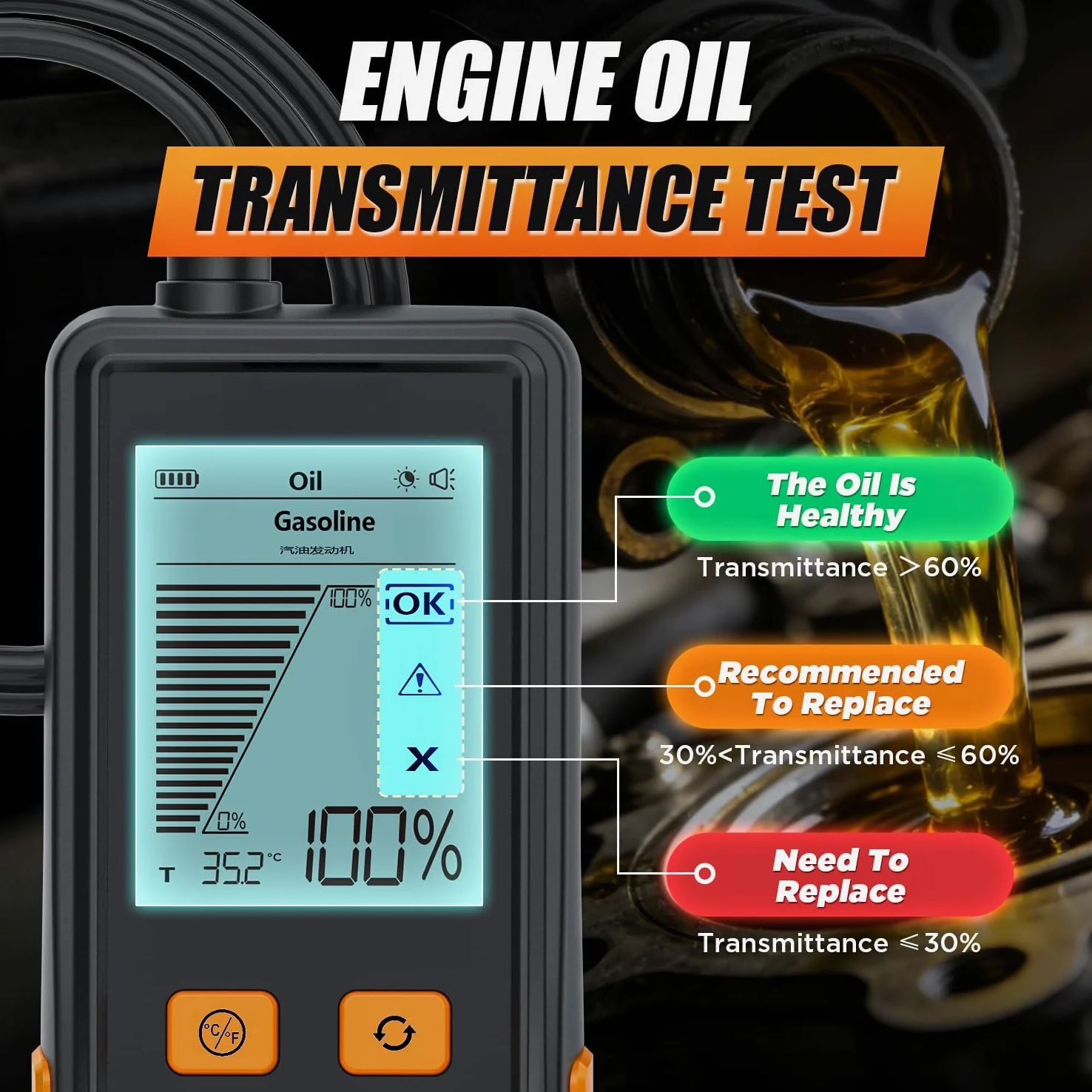 Probador de aceite de motor, probador de calidad de aceite de motor diésel y gasolina, sonda extendida de 50 pulgadas y respuesta rápida, analizador profesional de aceite de motor con pantalla LCD de
