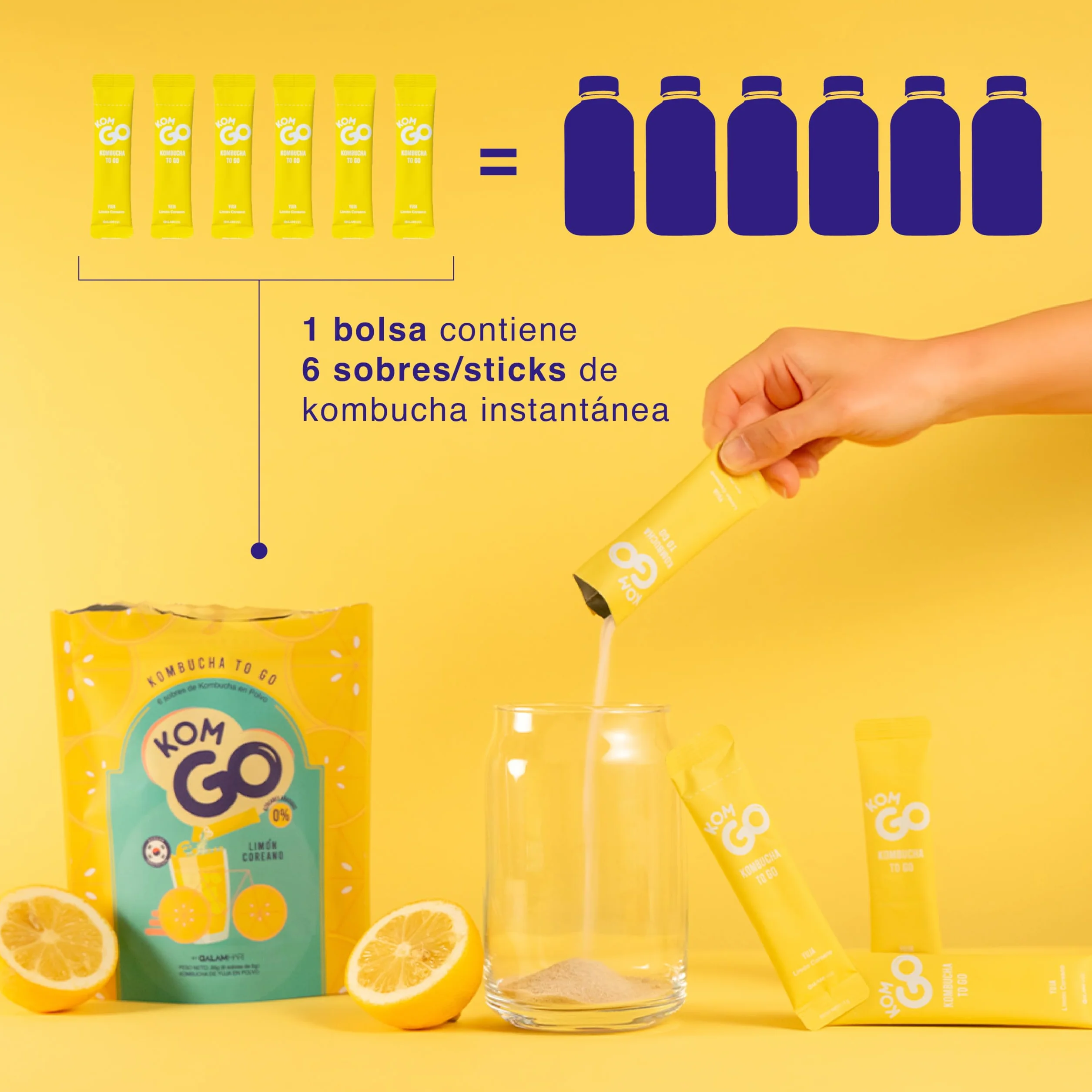 KOMGO Kombucha en Polvo Bebida Instantánea con Probióticos y Antioxidantes 15 Kcal Limón Coreano