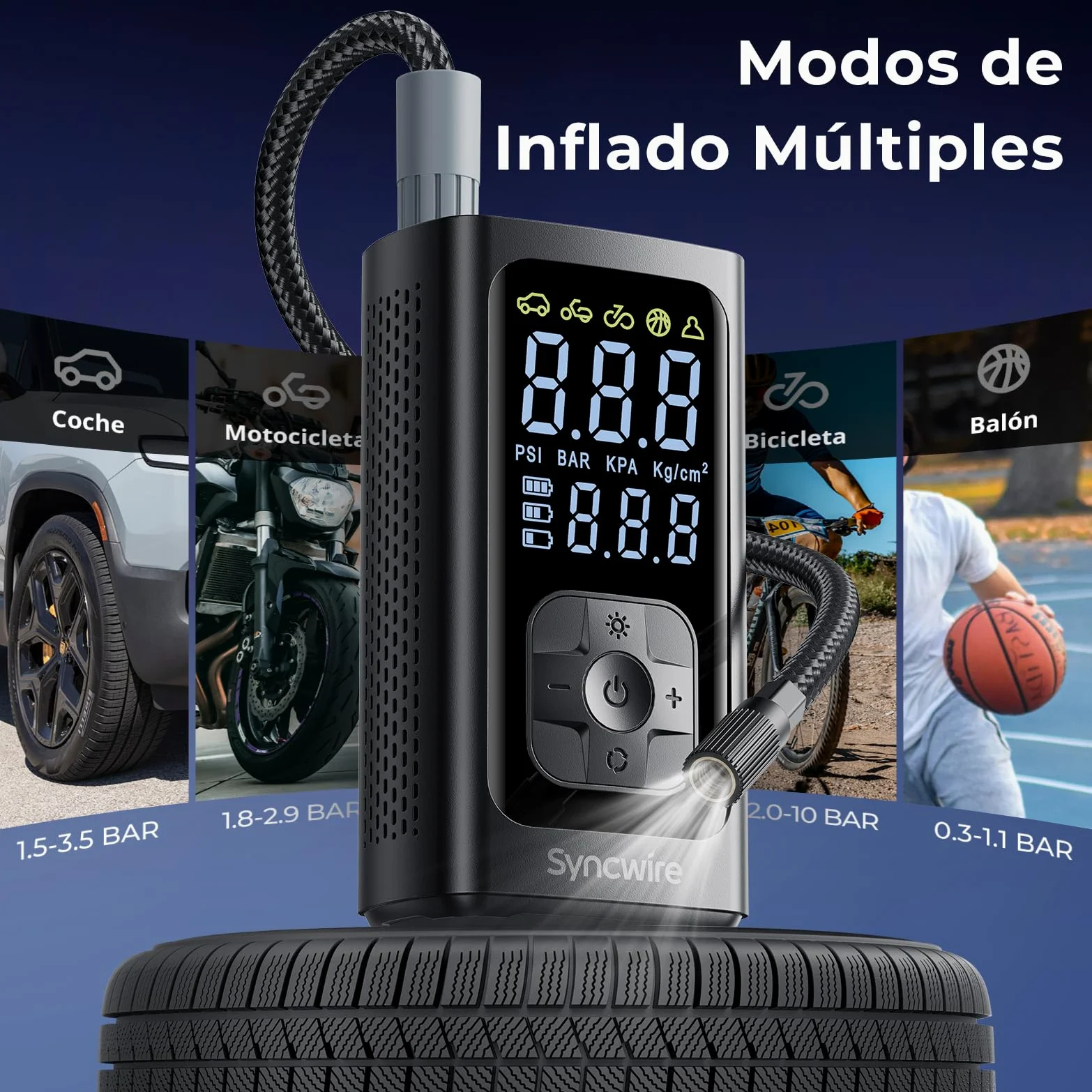 Syncwire Compresor Aire Portatil - 10.35Bar máx Inflador Electrico Compresor Aire Inflación Más rápido Bomba Aire para Coche, Motos, Bicicletas, Pelotas, con Tapas de Válvula de Neumáticos, LCD Grande