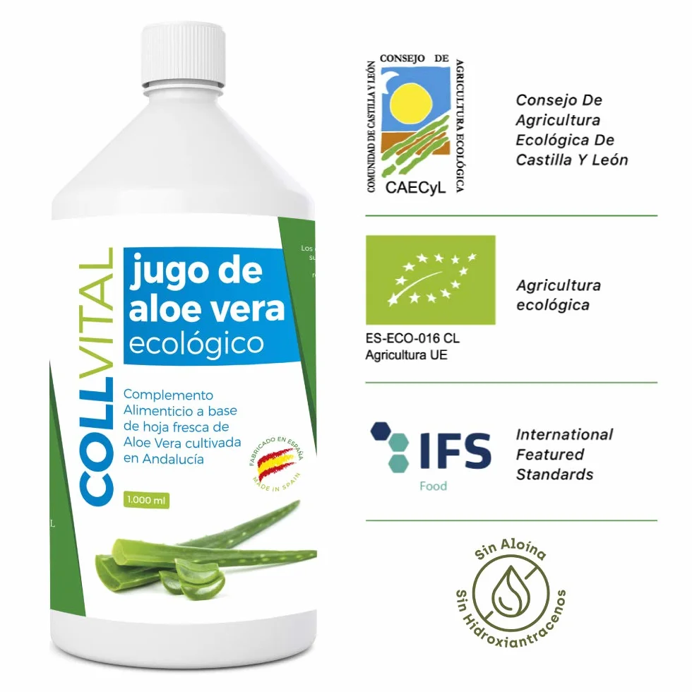Aloe vera puro para beber con pulpa natural 99.5% zumo ecológico Bio 1 litro