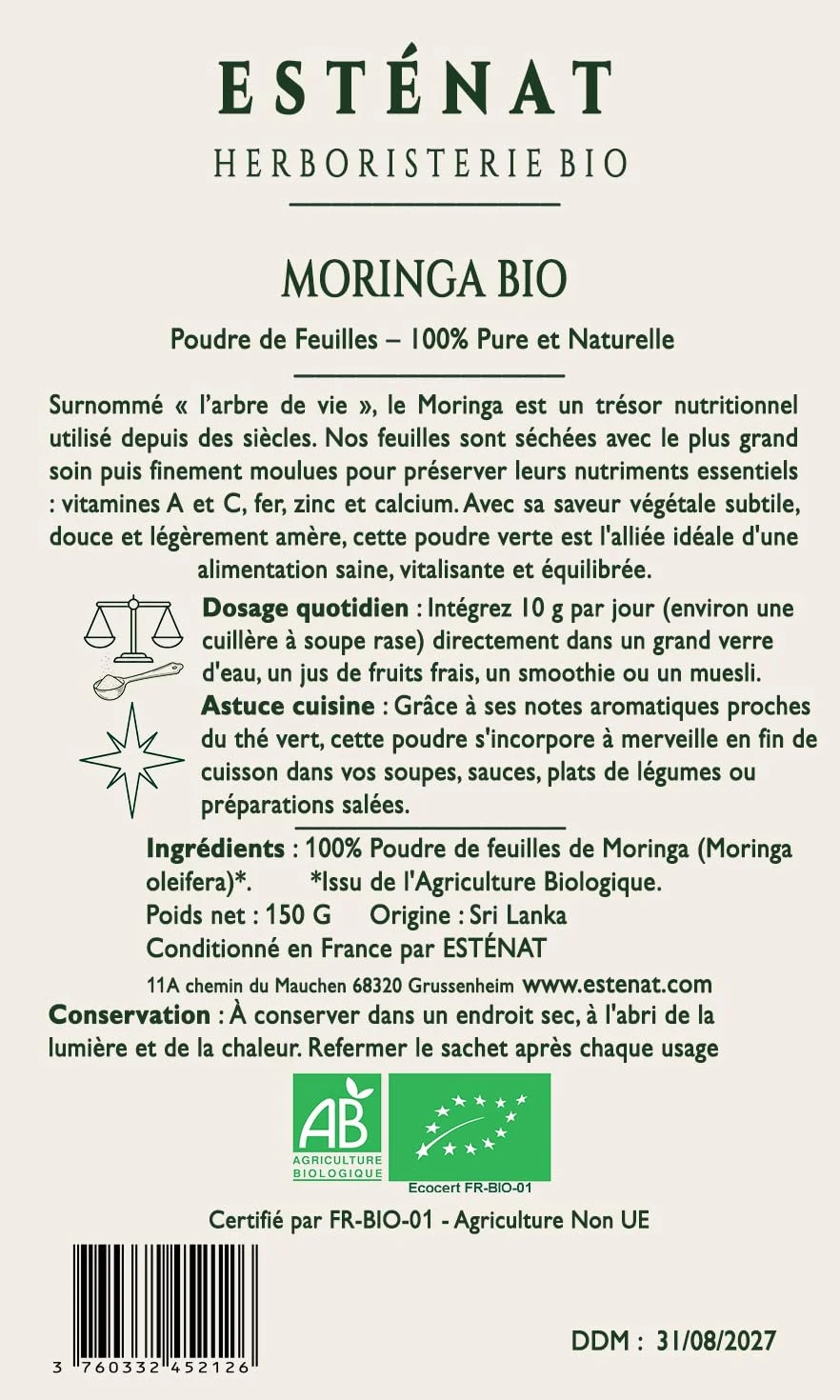 Polvo de Moringa BIO 150 g Superalimento verde puro rico en vitaminas A hierro zinc calcio