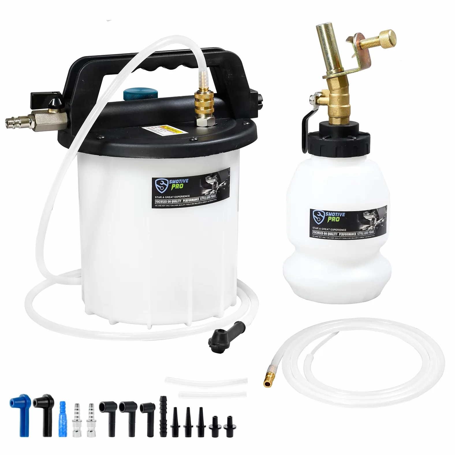 SMOTIVEPRO Kit de purga de frenos al vacío neumática de 3 litros, kit de purga de líquido de frenos con botella de recarga de 1 L y adaptadores de 16 CV para automóviles y motocicletas