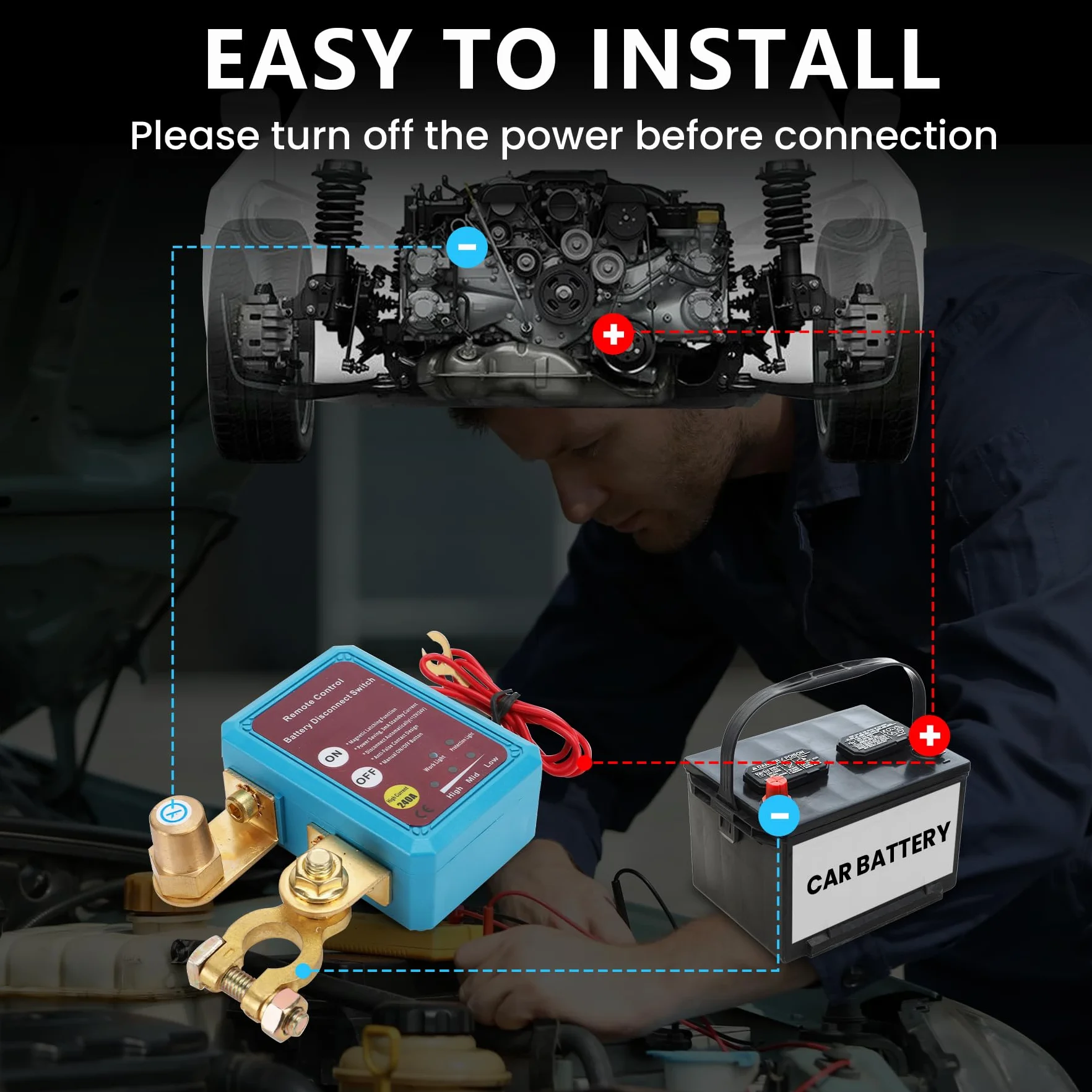 12V Desconectador de Bateria Coche con Control Remoto, Corta Corriente Bateria 12V Coche 240A Interruptor Bateria Coche, Desconectador Bateria Automática Para Moto Camión Barco Antirrobo