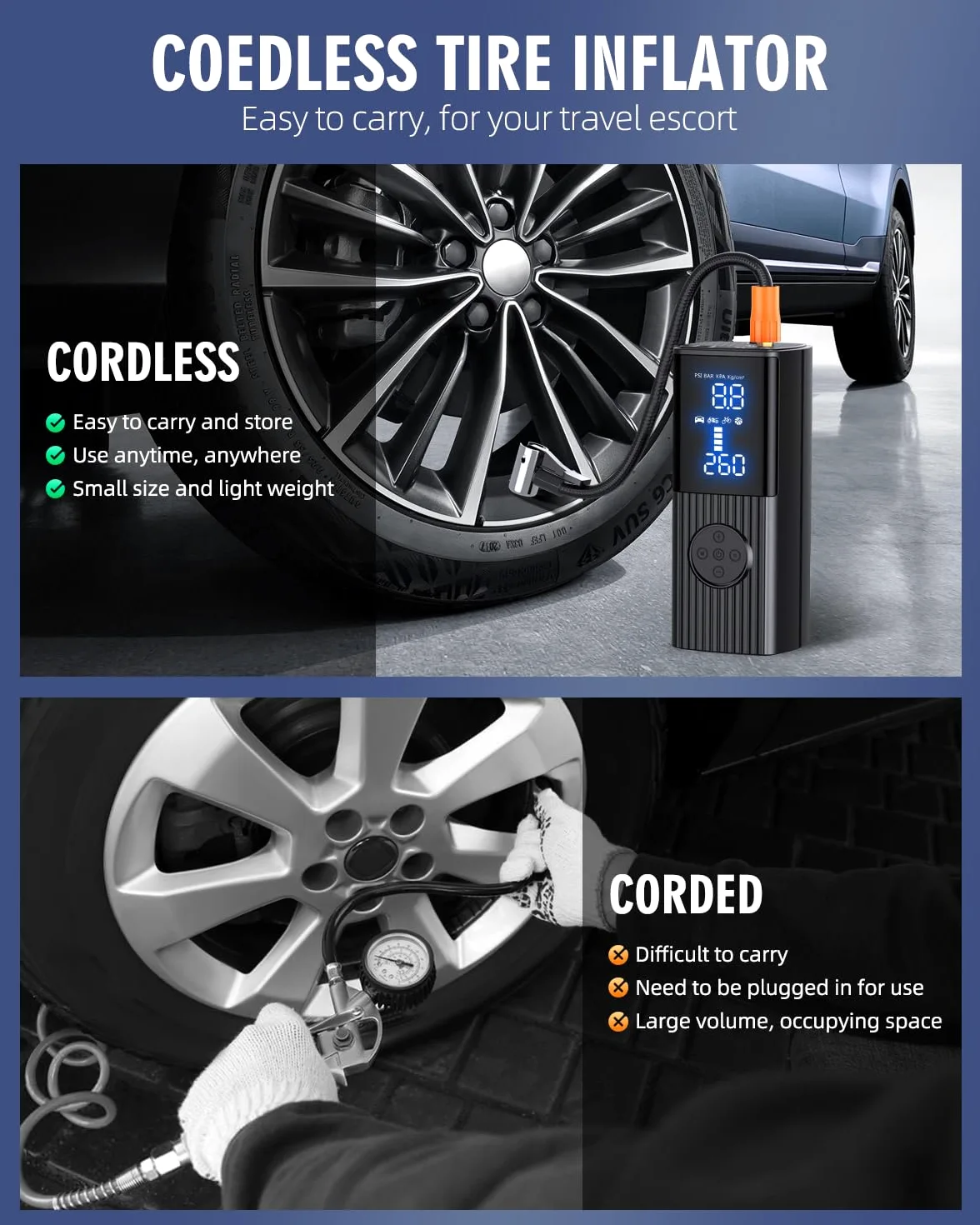 Compresor de aire portátil inflador de neumáticos, compresor de aire portátil de 180 PSI con batería de 25000 mAh, bomba de aire inalámbrica de inflado rápido 3X para coche, motocicleta, bicicleta
