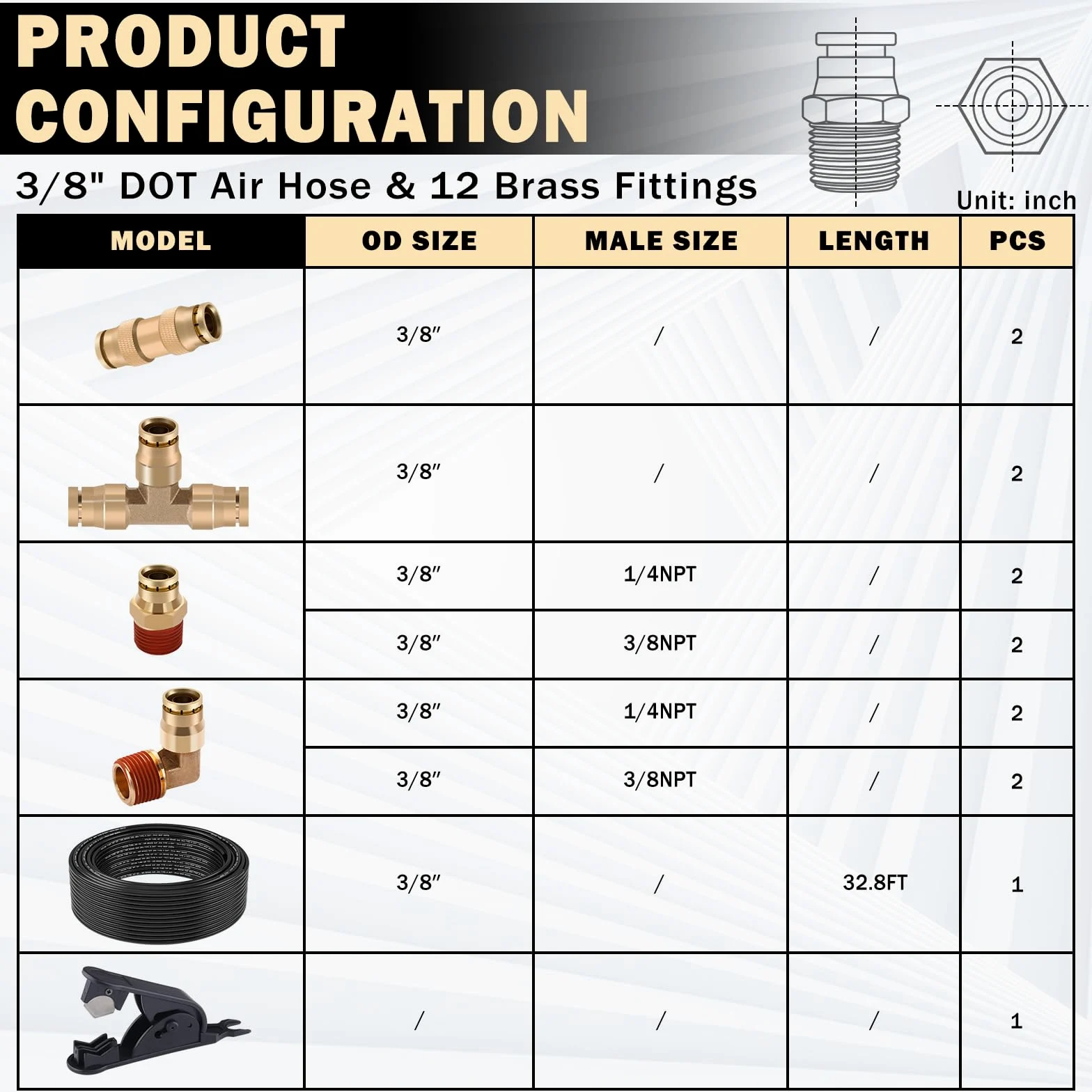 CheeMuii Accesorios de aire DOT de latón de 3/8 con kit de manguera de aire de 3/8 DOT de 3/8 pulgadas de conexión rápida DOT y línea de freno de aire PA12 de 3/8 pulgadas para remolque de