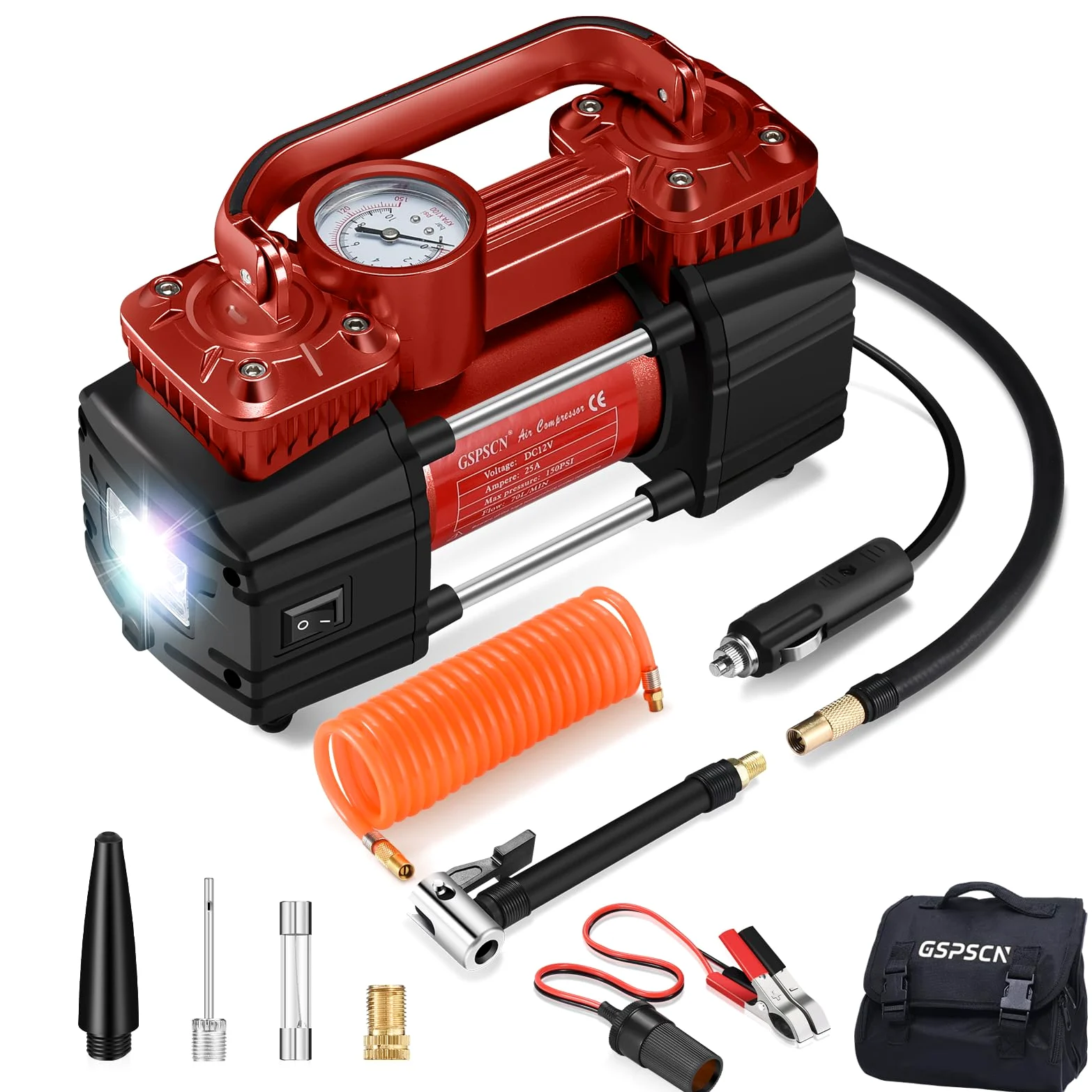 GSPSCN Compresor de aire de doble cilindro CC 12 V para automóvil, inflador de neumáticos portátil resistente, bomba de neumáticos de 150 PSI con luz LED para automóvil, camión, SUV, RV, pelotas, etc