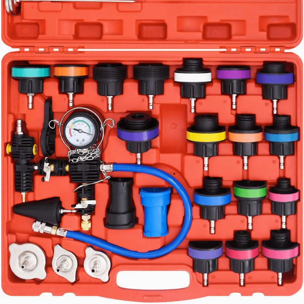 Juego de herramientas de prueba de presión para sistemas de refrigeración, bomba de mano con manómetro de 0 a 35 psi, 4 adaptadores de acero cromado, indicador de temperatura, maletín de