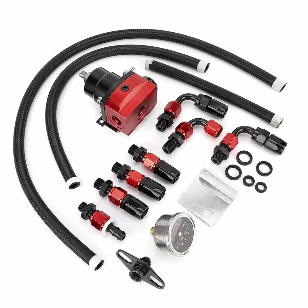 Regulador Presion Gasolina, Regulador de combustible Qiilu, kit regulador de presión de combustible de coche ajustable universal de acero inoxidable 304 con manómetro 100PSI(Negro + rojo)