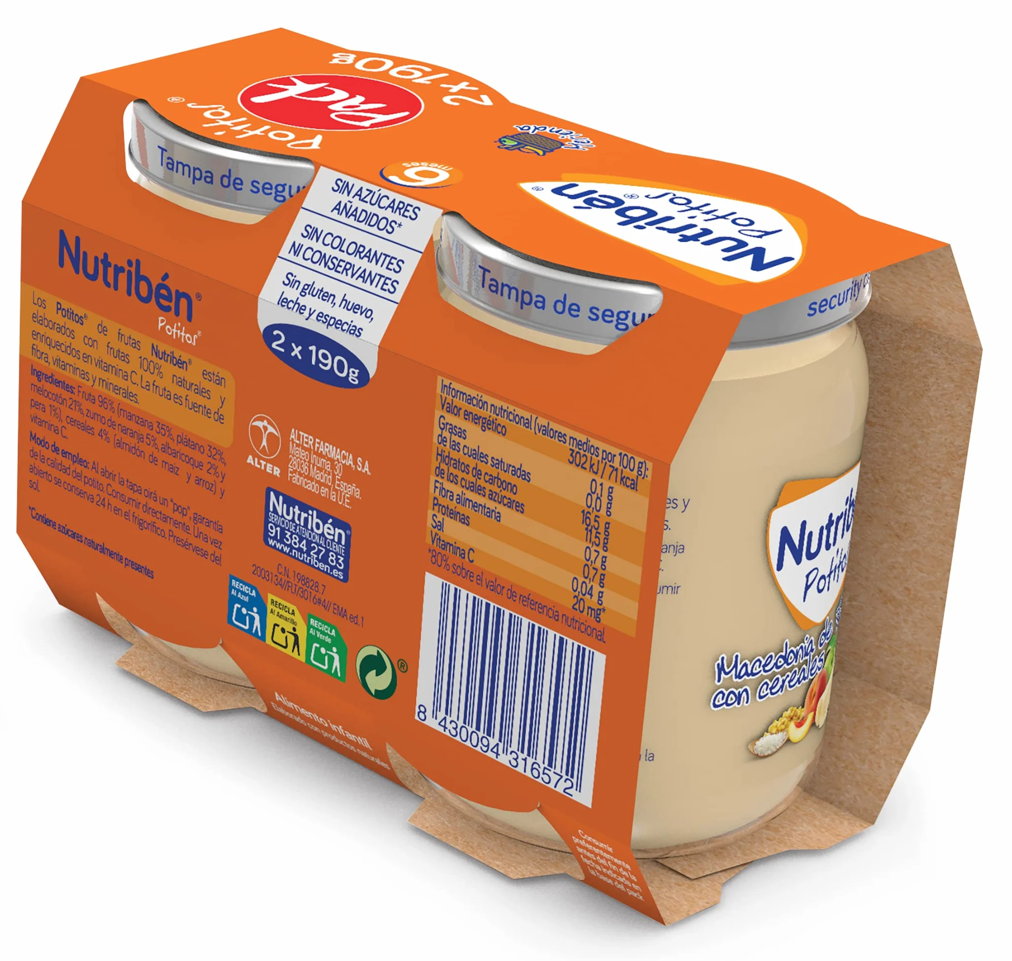 Nutribén Potitos Macedonia de Frutas con Cereales Pack 6 x 190g Bebés 6 Meses Sin Azúcares Añadidos