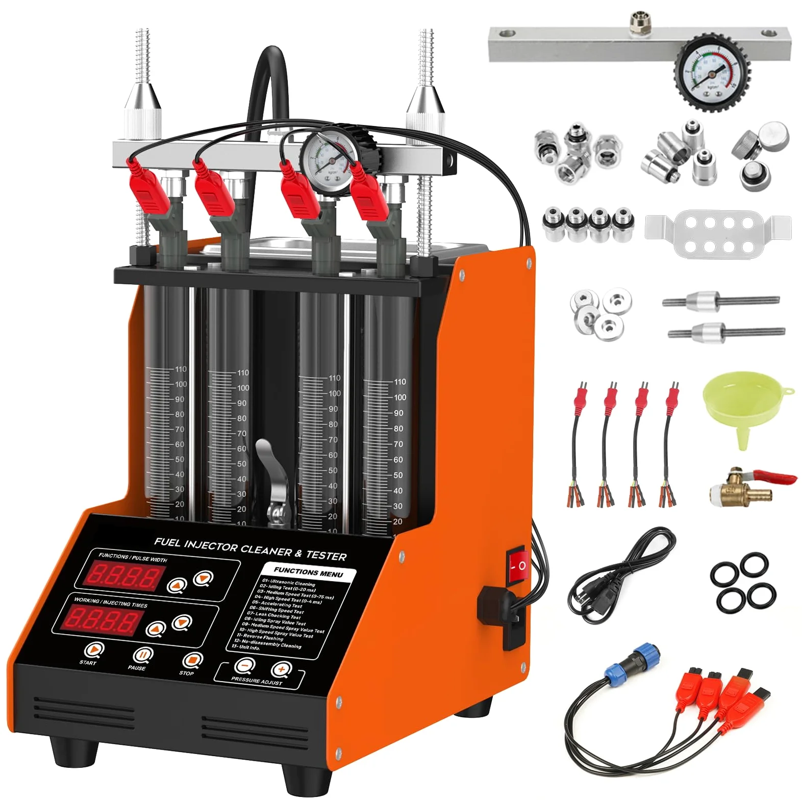 Máquina limpiadora de inyectores de combustible, 4 cilindros, 9 modos de prueba, probador y kit de limpieza, kit de limpieza ultrasónica para inyectores de motocicleta de 5 V a 12 V