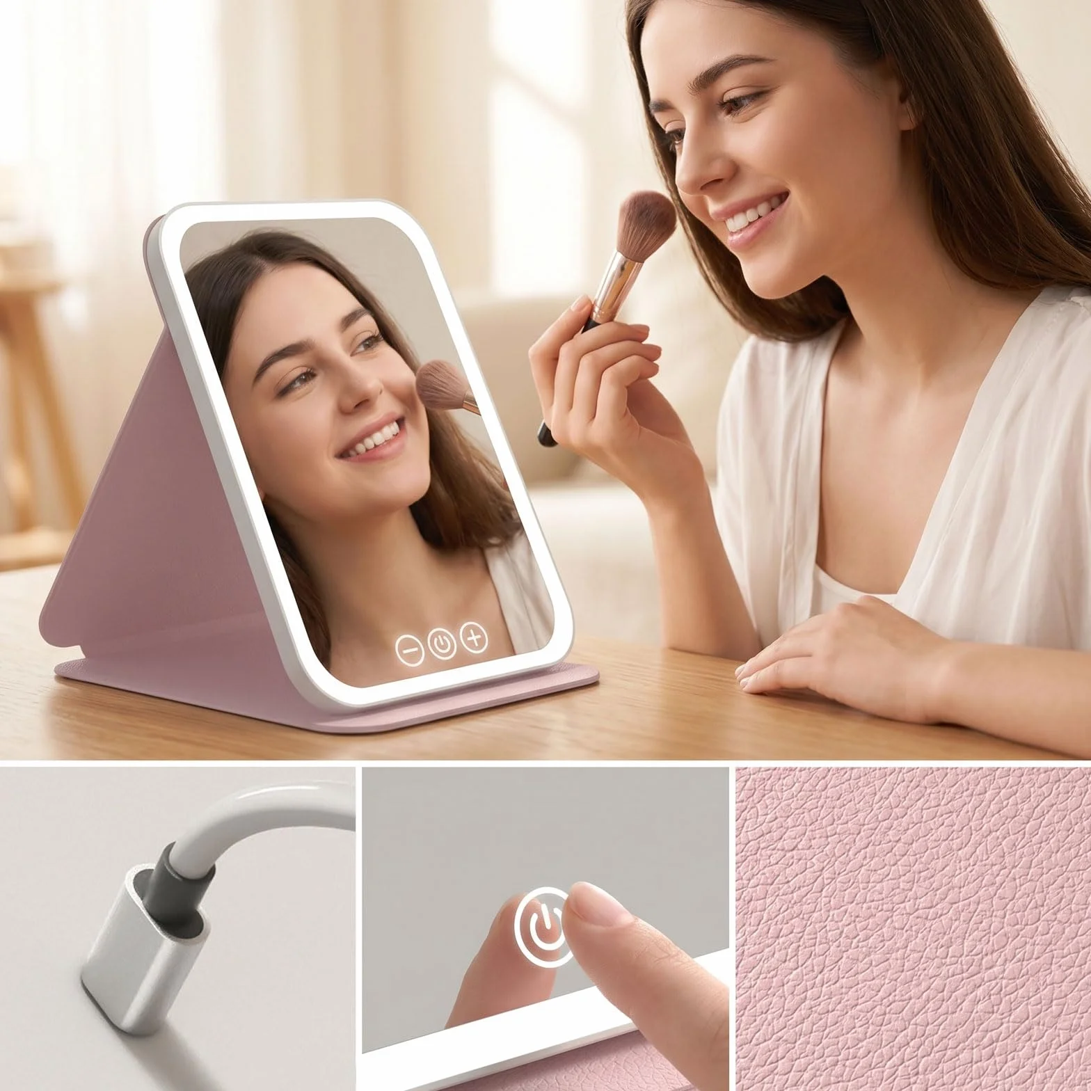 Espejo de maquillaje LED 10X aumento regulable, carga Type-C 17.5x23cm, plegable