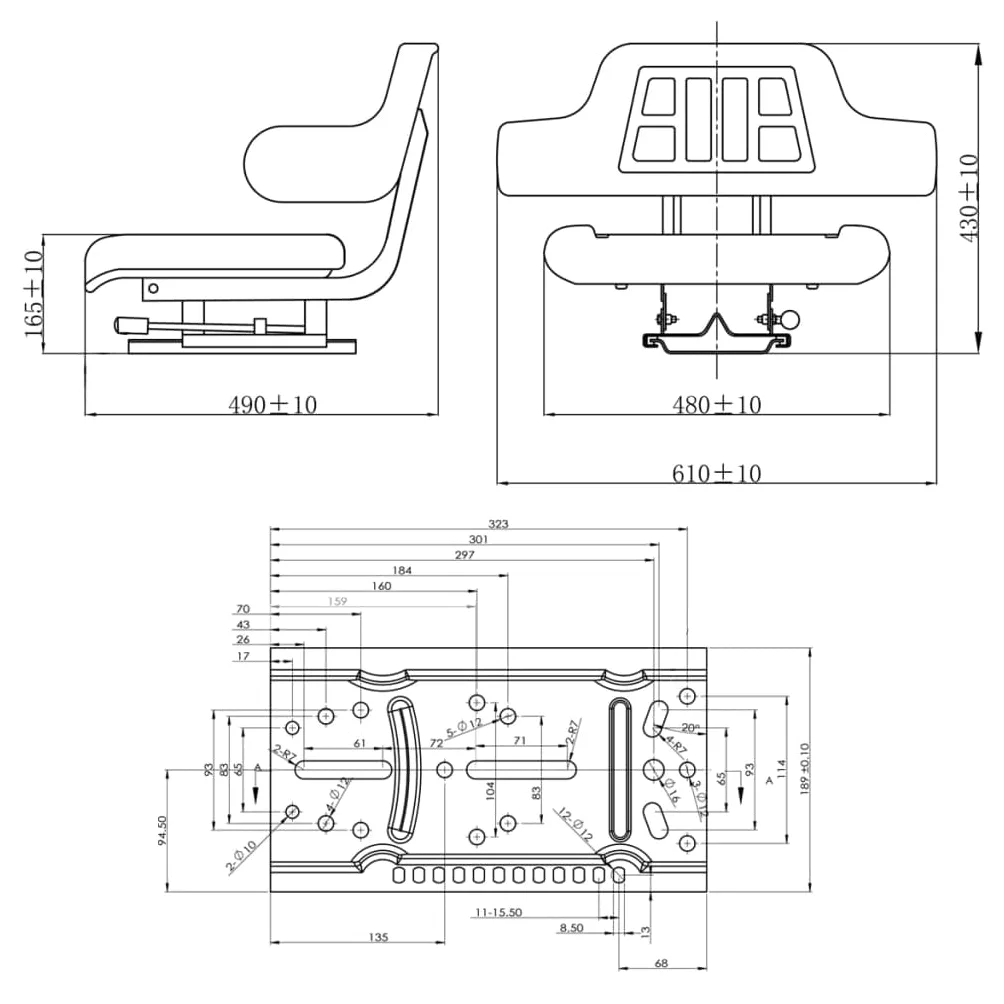 Asiento de tractor con respaldo y reposabrazos negro, marco de acero, funda de poliéster, 43 x 60 x 49 cm, 150 mm de ajuste longitudinal, montaje flexible para tractor, tractor cortacésped