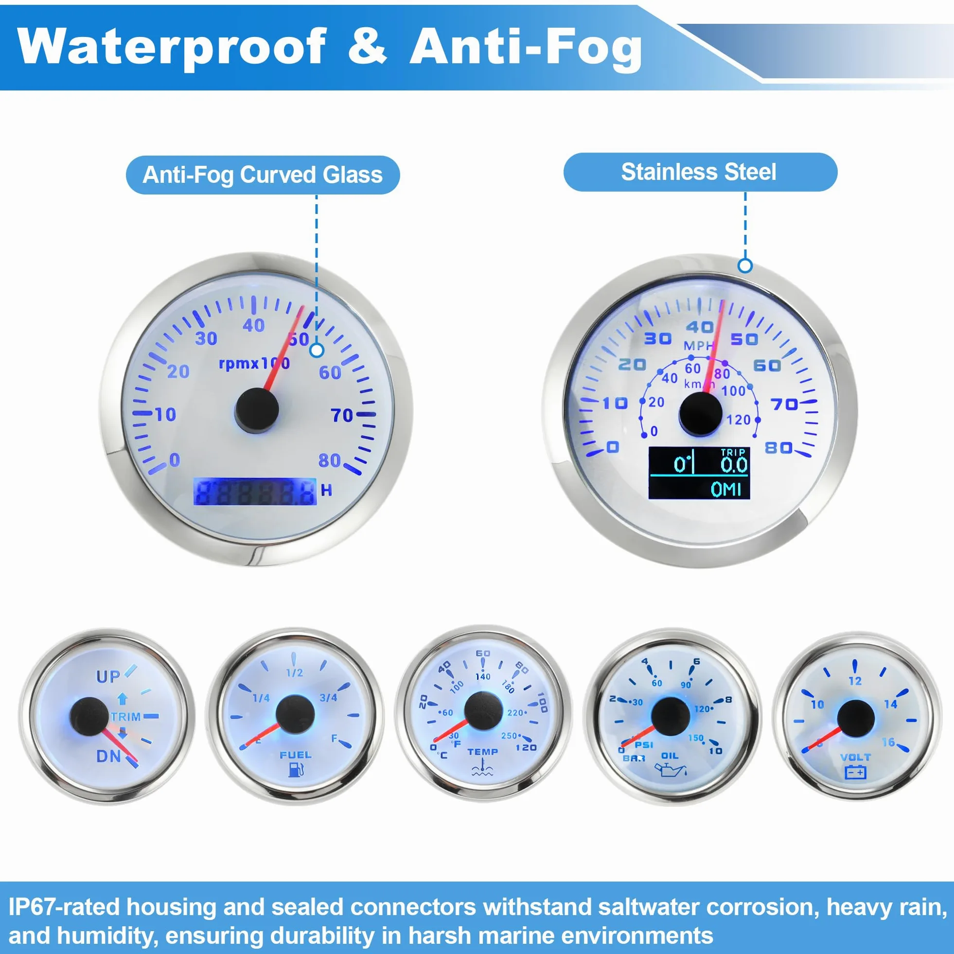 Motoforti 7 Juego 3-3/8" 85mm GPS Velocímetro Tacómetro, 2-1/16" 52mm Aceite Presión, Combustible Nivel, Agua Temperatura, Voltímetro Ajuste Impermeable Marino Barco Indicadores Kit Blanco