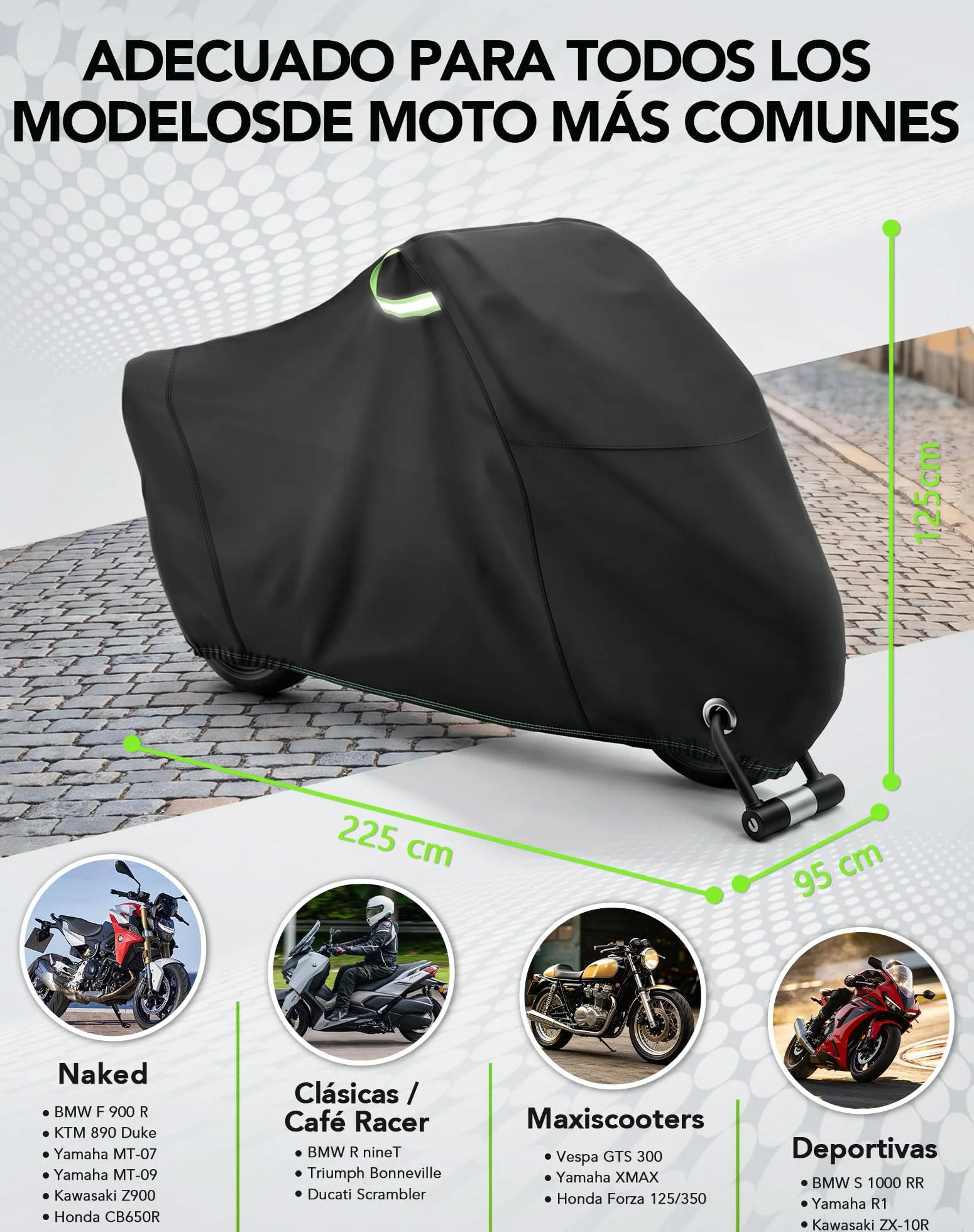 Funda Moto Impermeable 420D Oxford (225cm) - Cubierta Exterior Anti-UV y Viento, con Orificios para Candado e Tiras Reflectantes, per BMW GS, Africa Twin, Tiger (225 * 95 * 125cm)